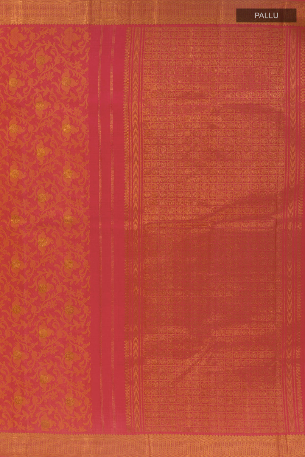Close up image of the pallu of Pure Silk Brick Orange Kanjivaram Saree with Jacquard With Zari Butta on the body and Zari Border. 