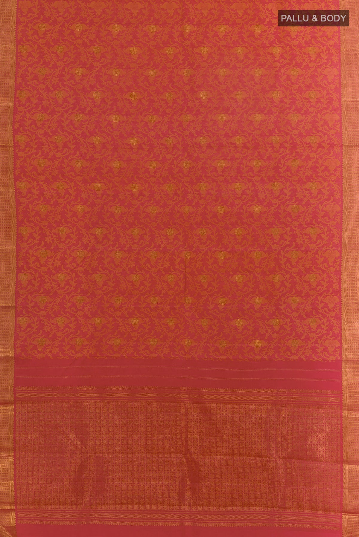 Flat view of Pure Silk Brick Orange Kanjivaram Saree with Jacquard With Zari Butta on the body and Zari Border. 