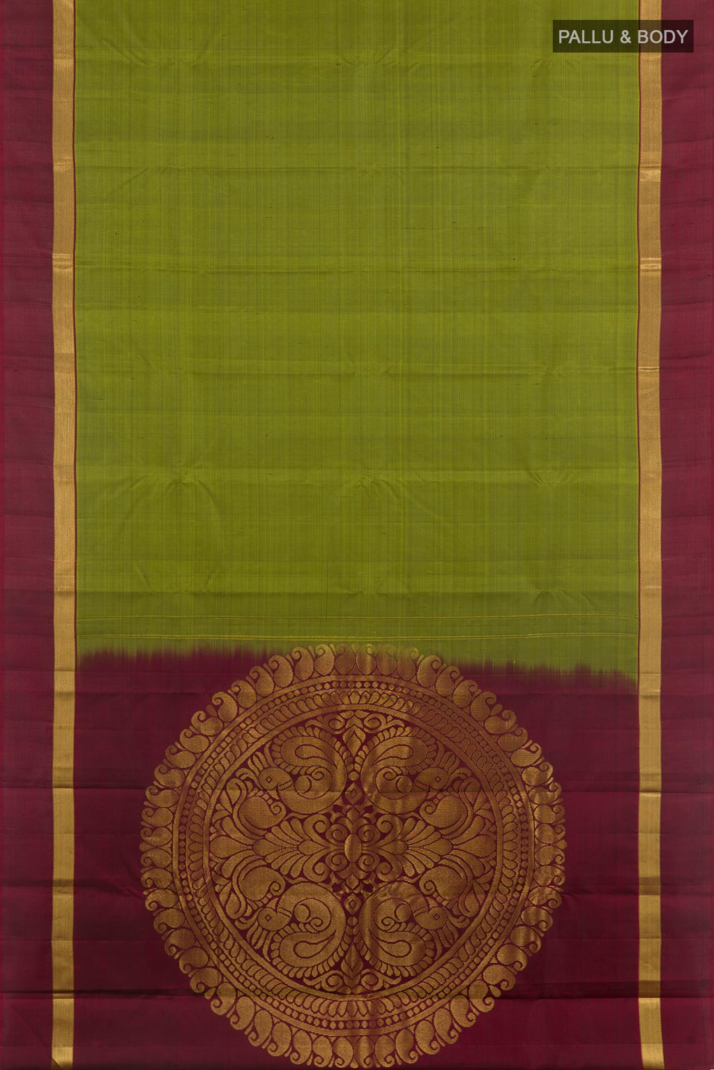 Flat view of Green Kanchipuram Silk Saree with Plain Body and Zari Border. 