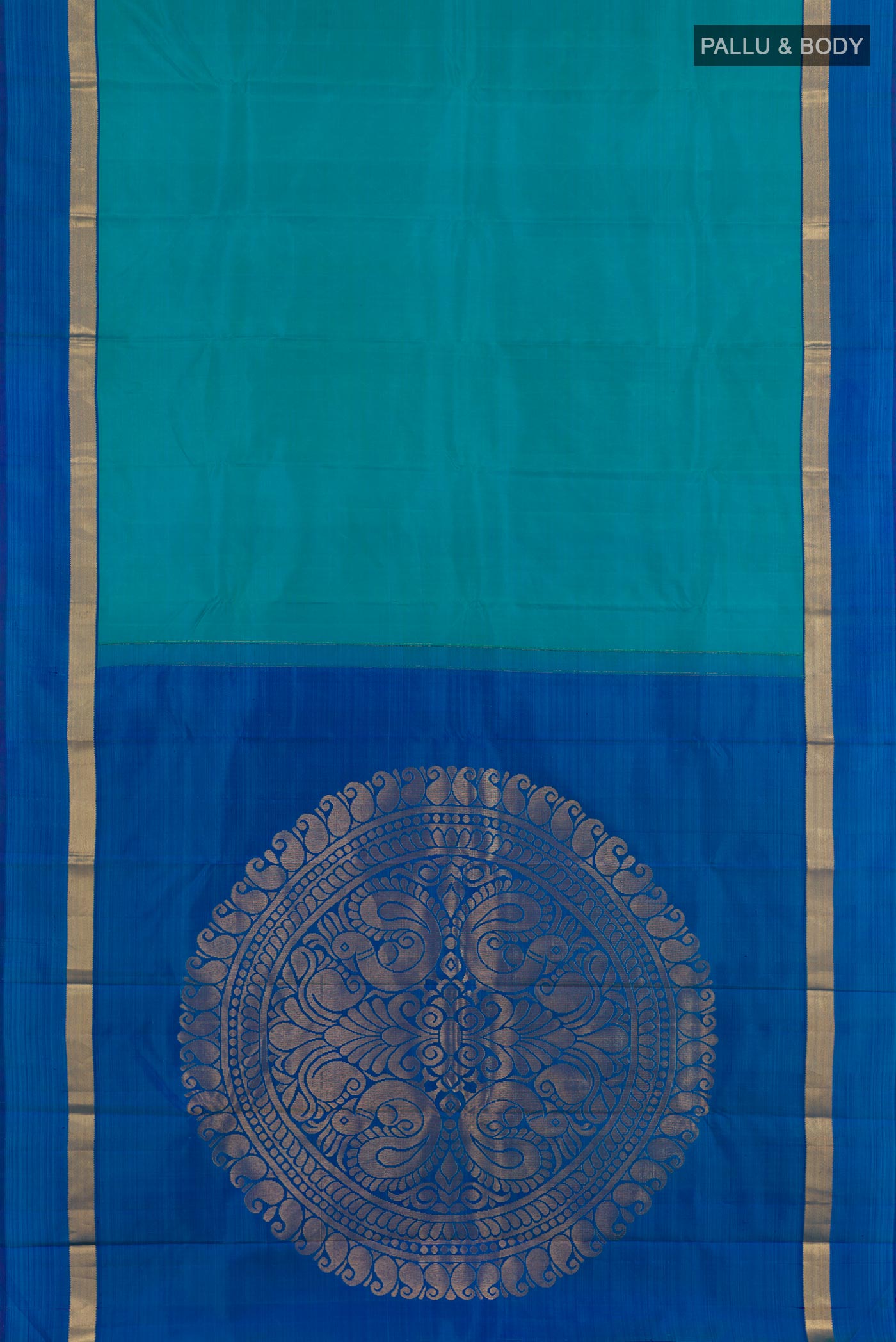 Flat view of Light Blue Kanchipuram Silk Saree with Plain Body and Zari Border. 