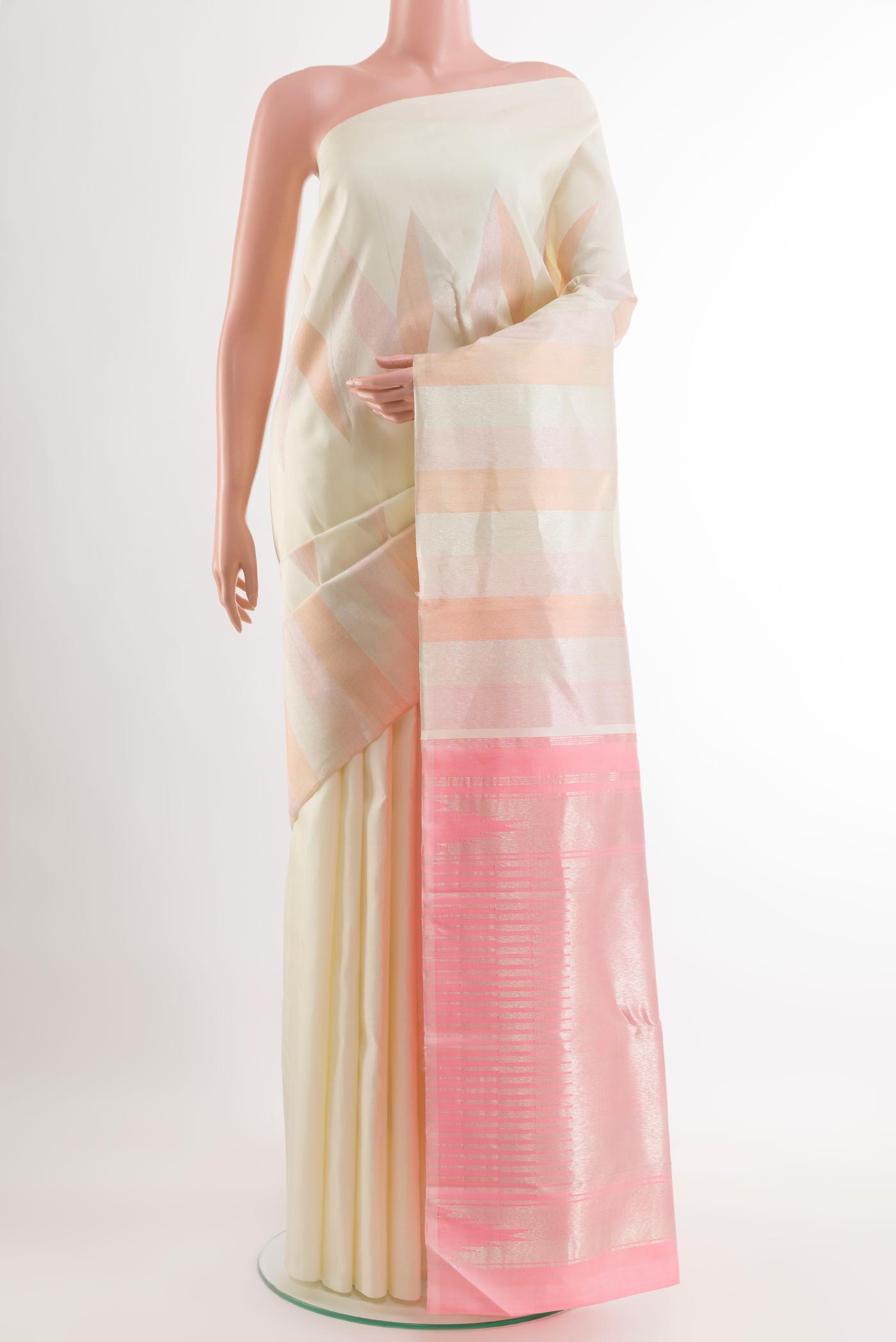 Off White Kanchipuram Silk Saree with Zari Brocade on the body and Zari Border.  displayed on a mannequin