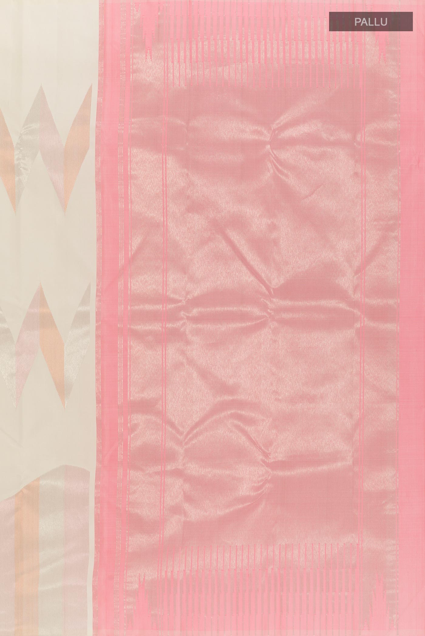Close up image of the pallu of Off White Kanchipuram Silk Saree with Zari Brocade on the body and Zari Border. 