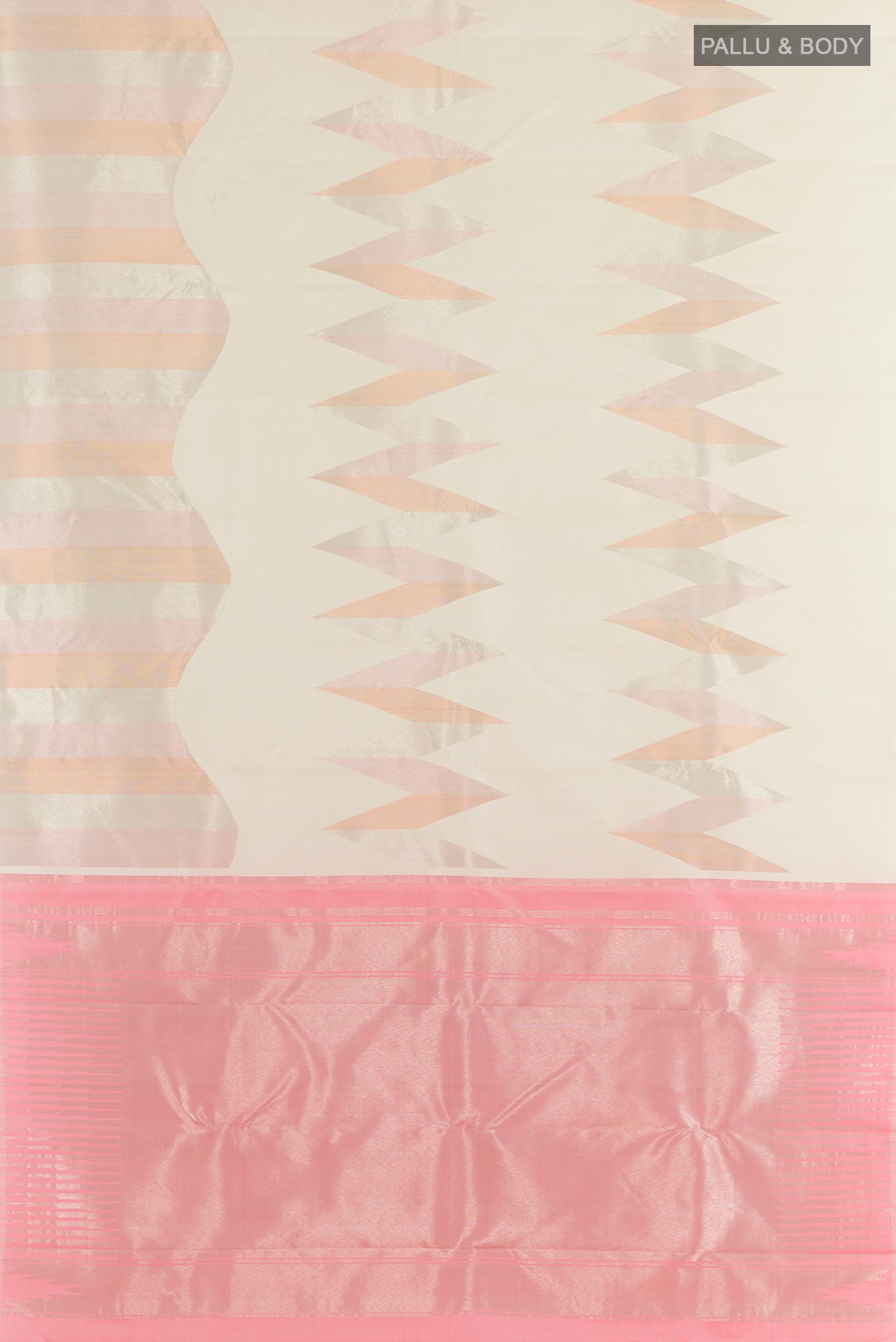 Flat view of Off White Kanchipuram Silk Saree with Zari Brocade on the body and Zari Border. 