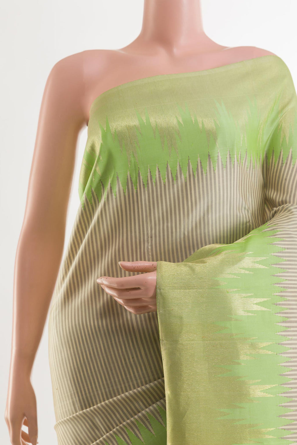 Border image of Off White Kanchipuram Silk Saree with Stripes on the body and Zari Border. 