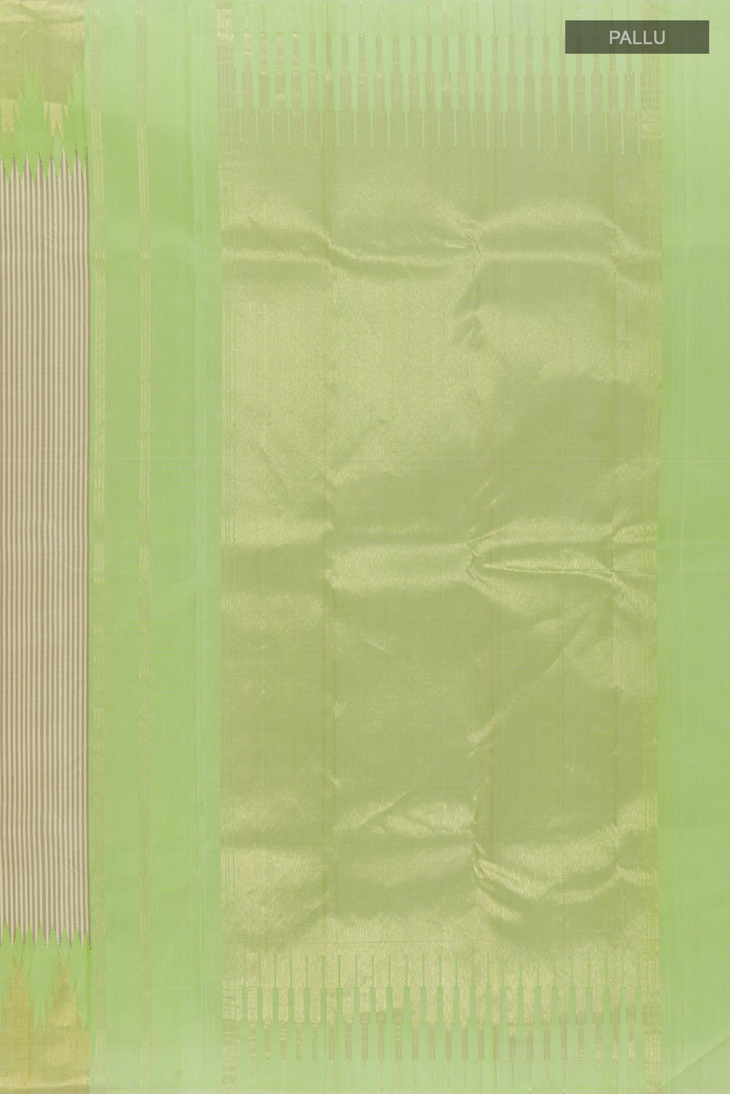 Close up image of the pallu of Off White Kanchipuram Silk Saree with Stripes on the body and Zari Border. 