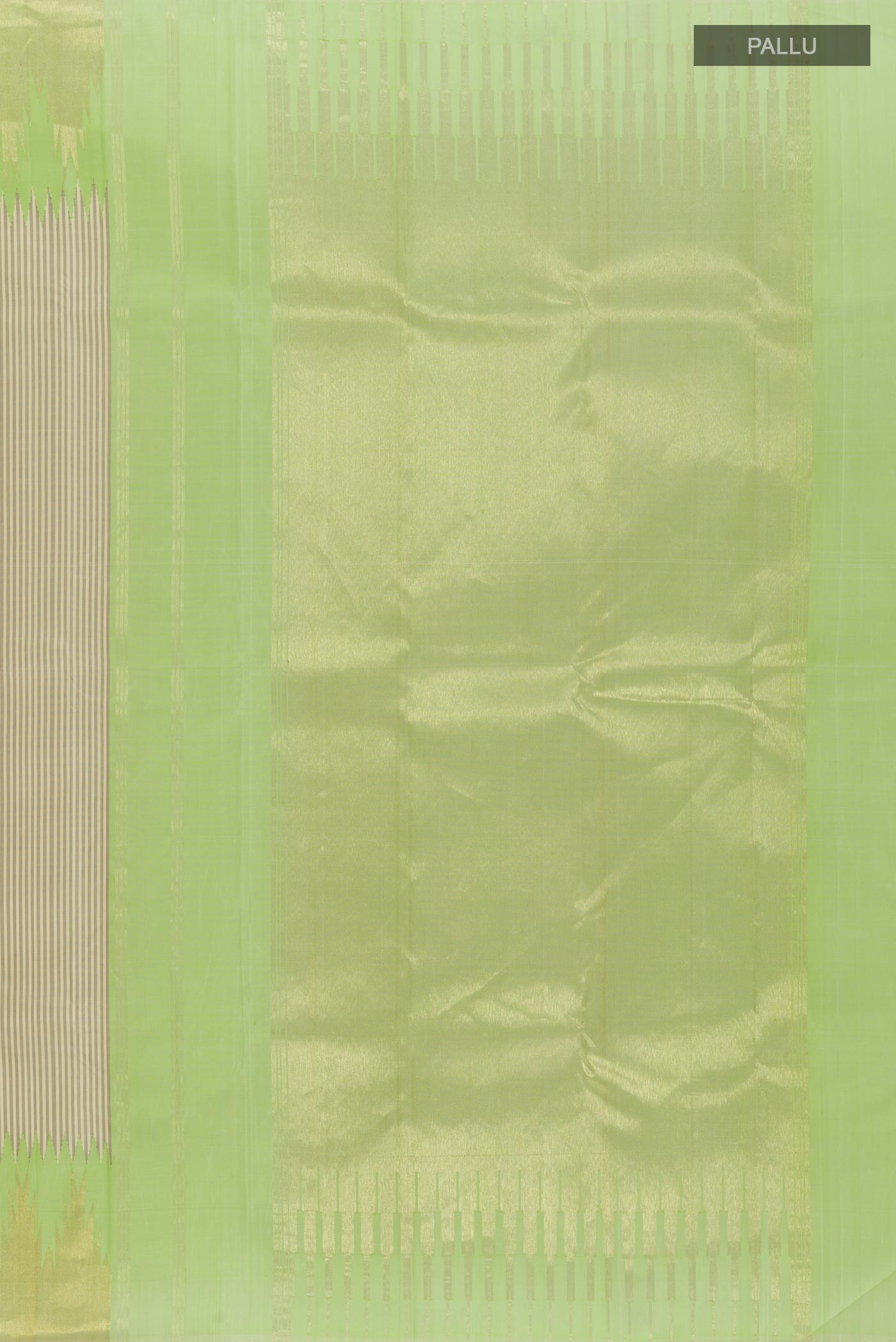 Close up image of the pallu of Off White Kanchipuram Silk Saree with Stripes on the body and Zari Border. 