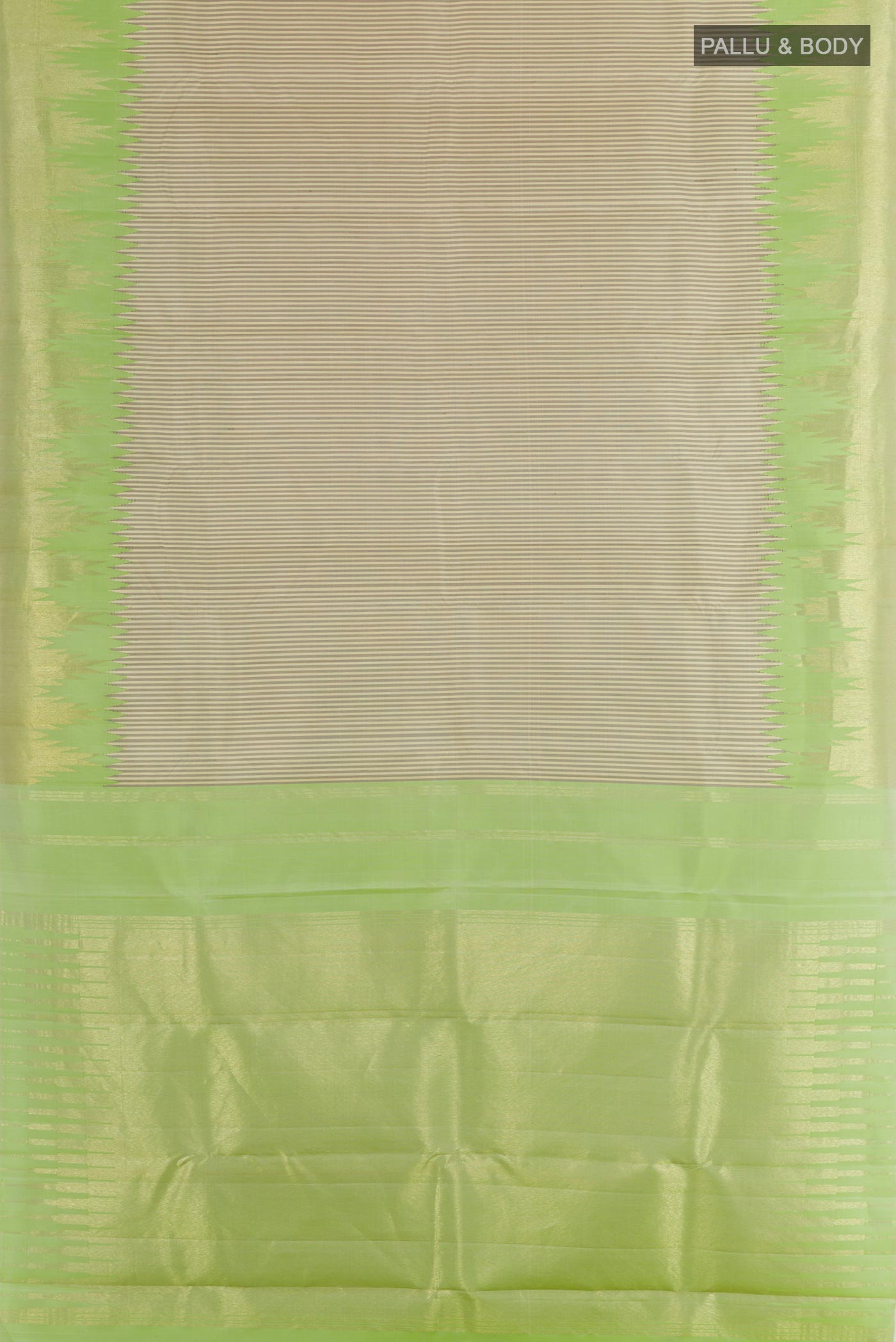 Flat view of Off White Kanchipuram Silk Saree with Stripes on the body and Zari Border. 