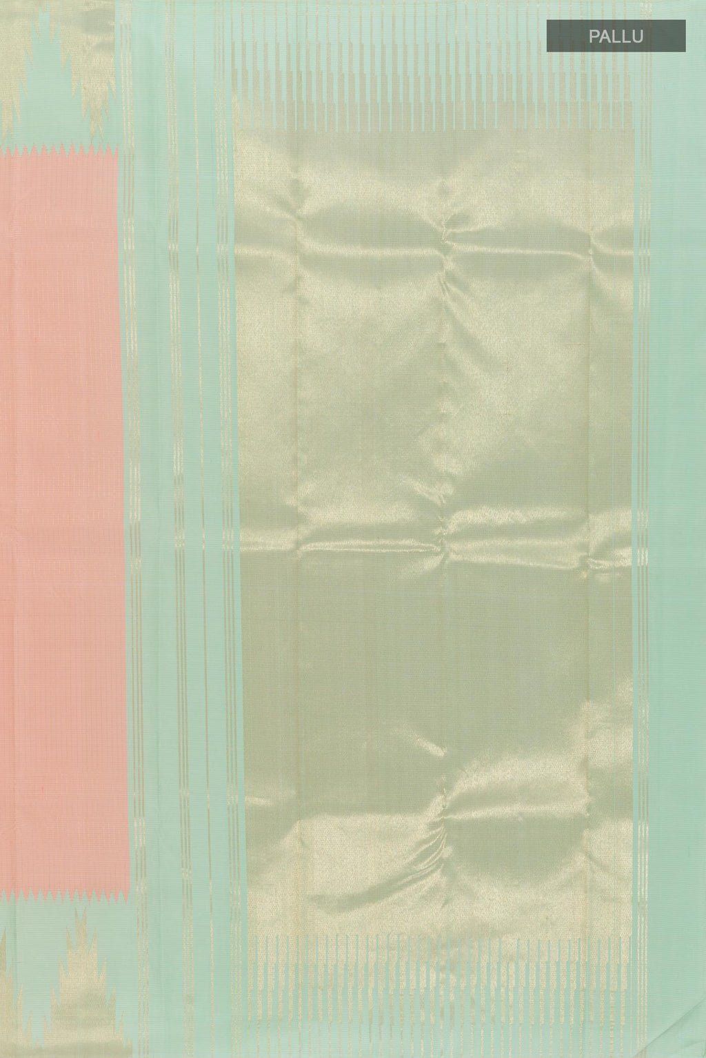 Close up image of the pallu of Pink Kanchipuram Silk Saree with Checked design on the body and Zari Border. 
