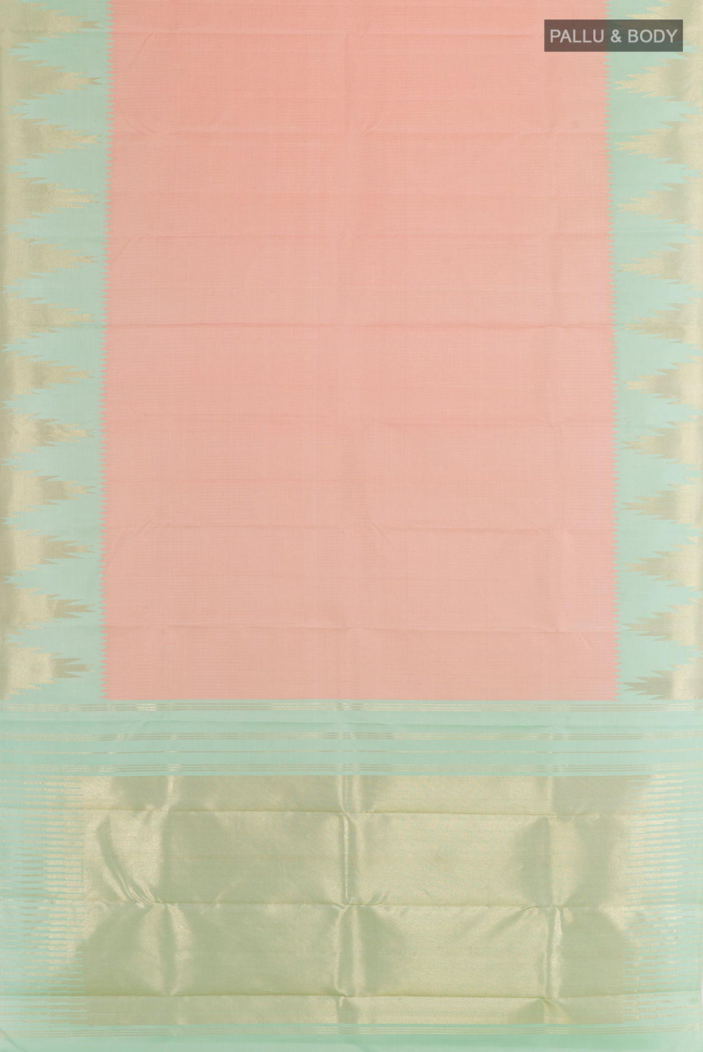 Flat view of Pink Kanchipuram Silk Saree with Checked design on the body and Zari Border. 