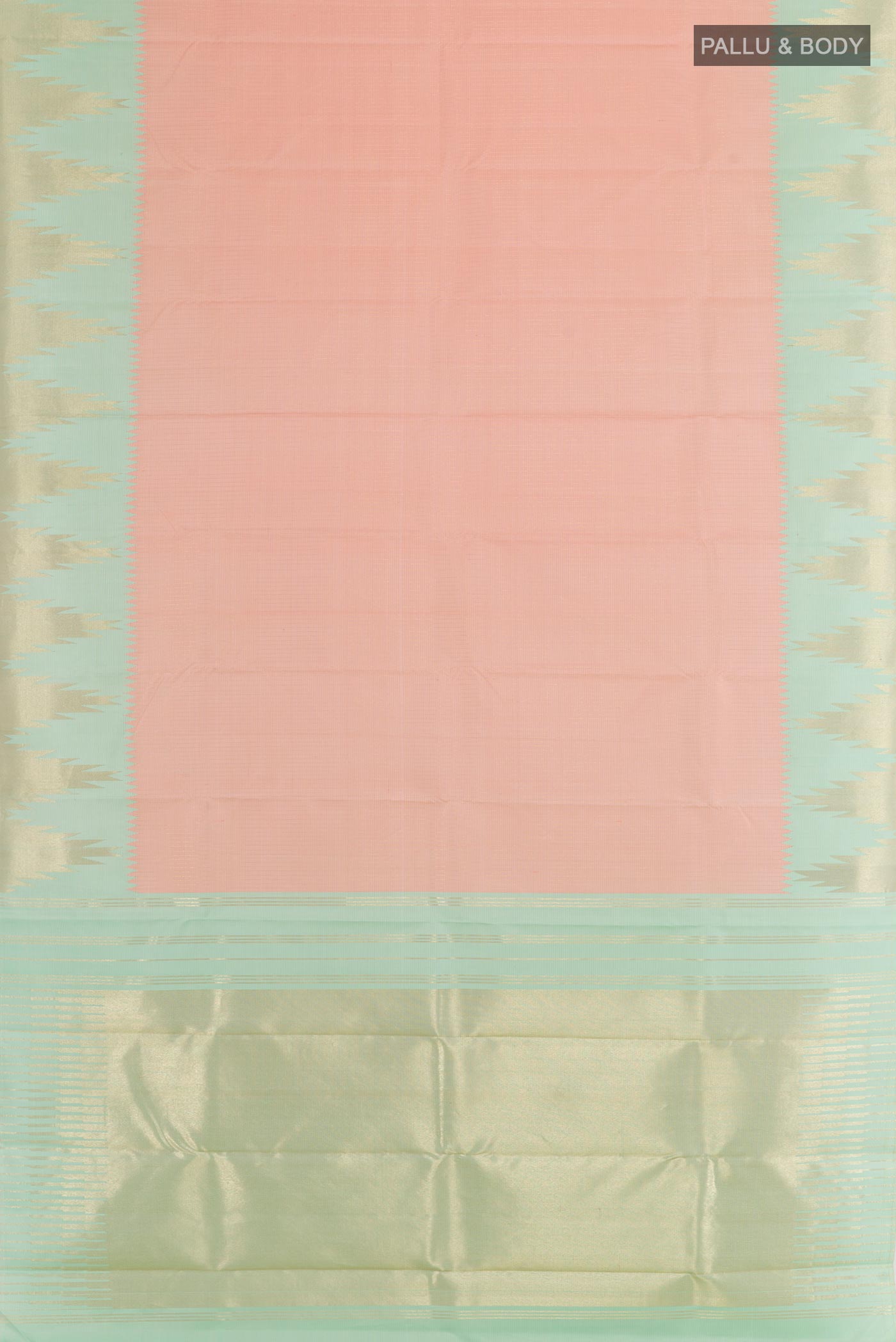 Flat view of Pink Kanchipuram Silk Saree with Checked design on the body and Zari Border. 