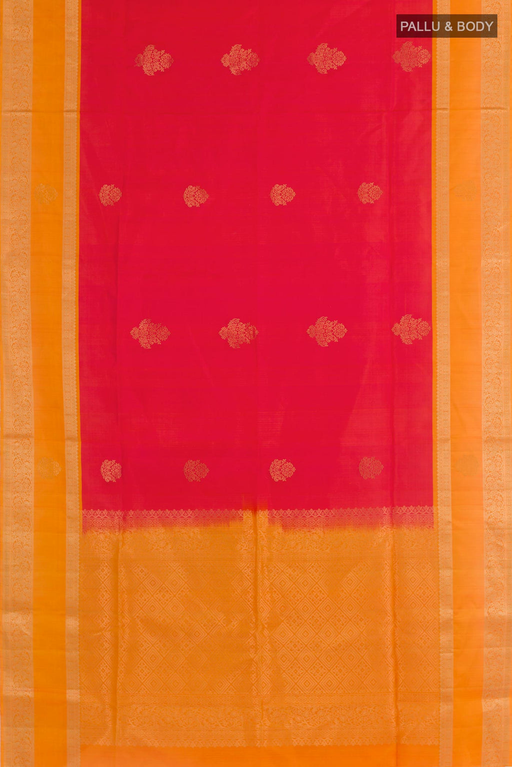 Flat view of Pink Soft Silk Saree with Zari Butta on the body and Zari Border. 