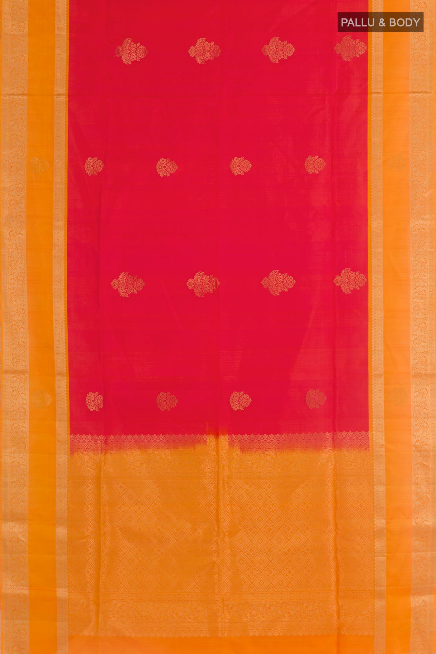 Flat view of Pink Soft Silk Saree with Zari Butta on the body and Zari Border. 