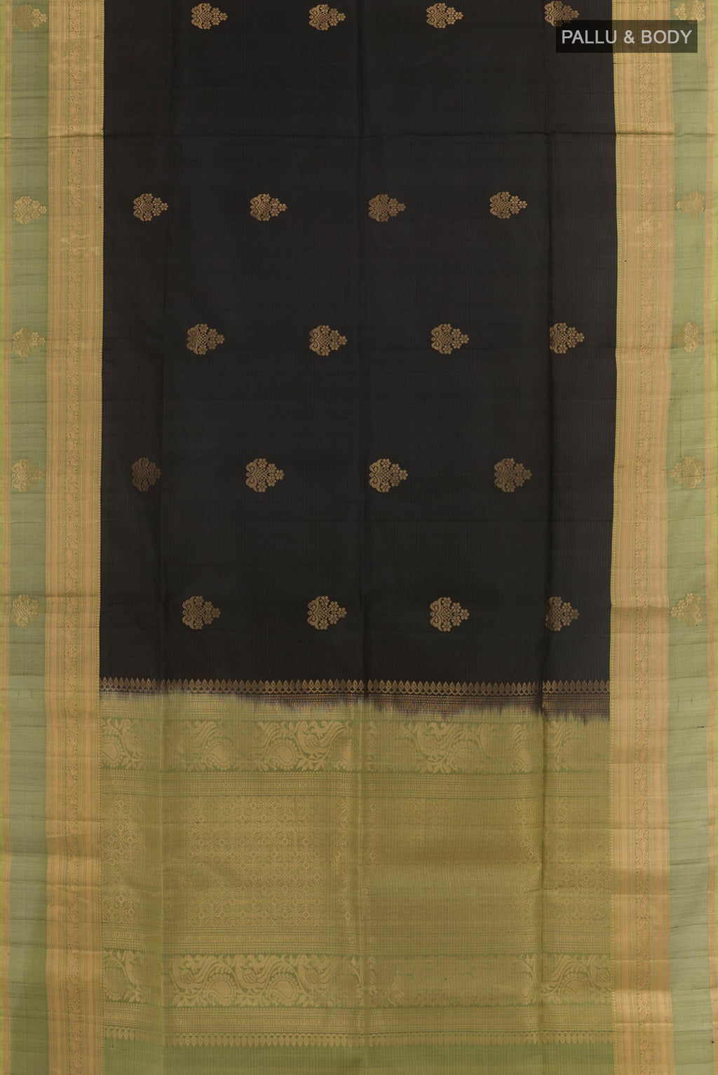 Flat view of Black Soft Silk Saree with Zari Butta on the body and Zari Border. 