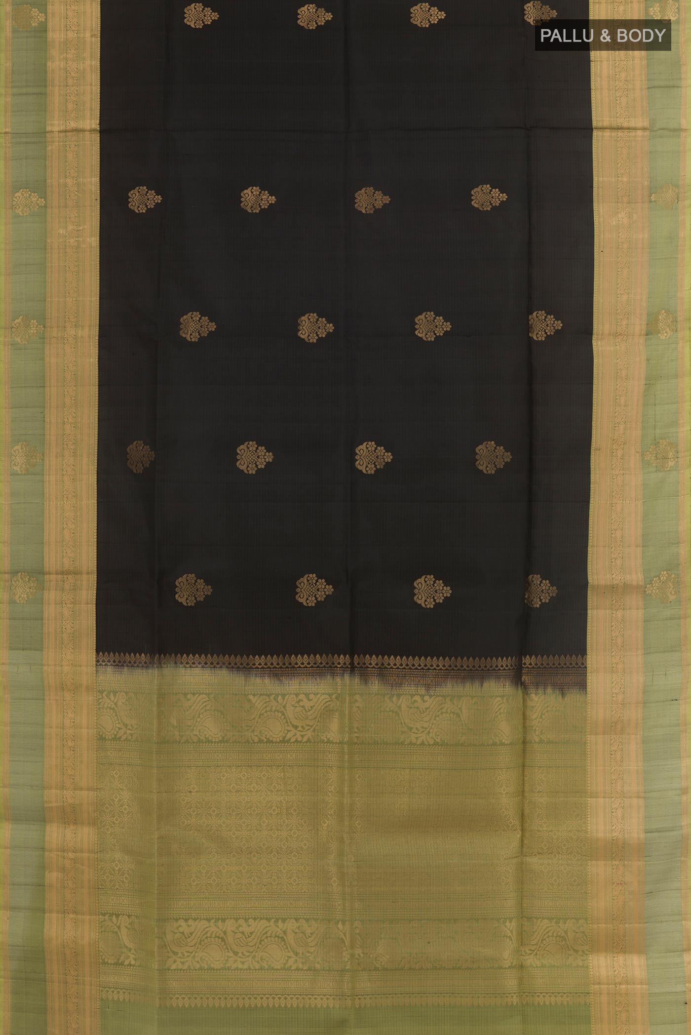 Flat view of Black Soft Silk Saree with Zari Butta on the body and Zari Border. 