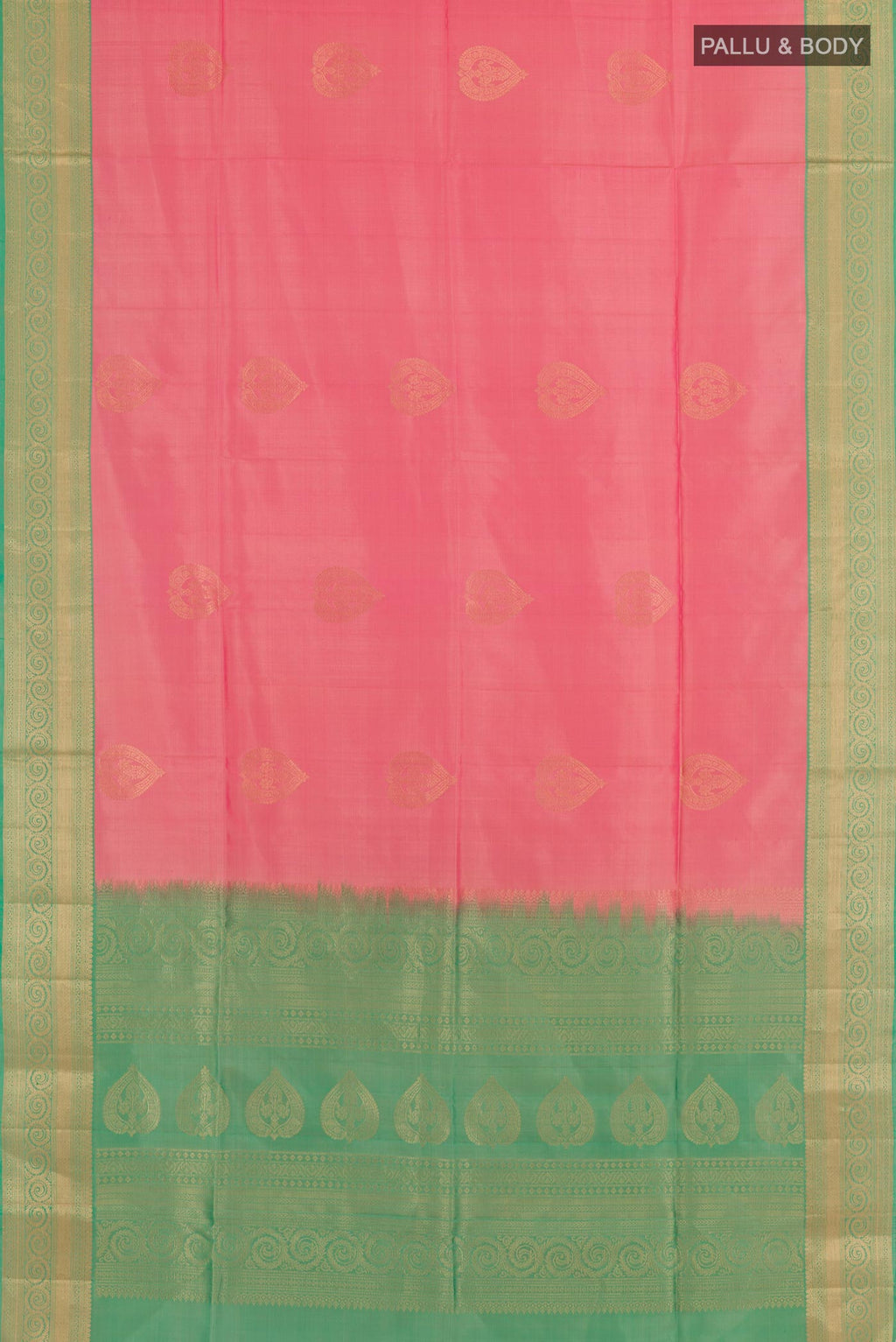 Flat view of Pink Soft Silk Saree with Zari Butta on the body and Zari Border. 