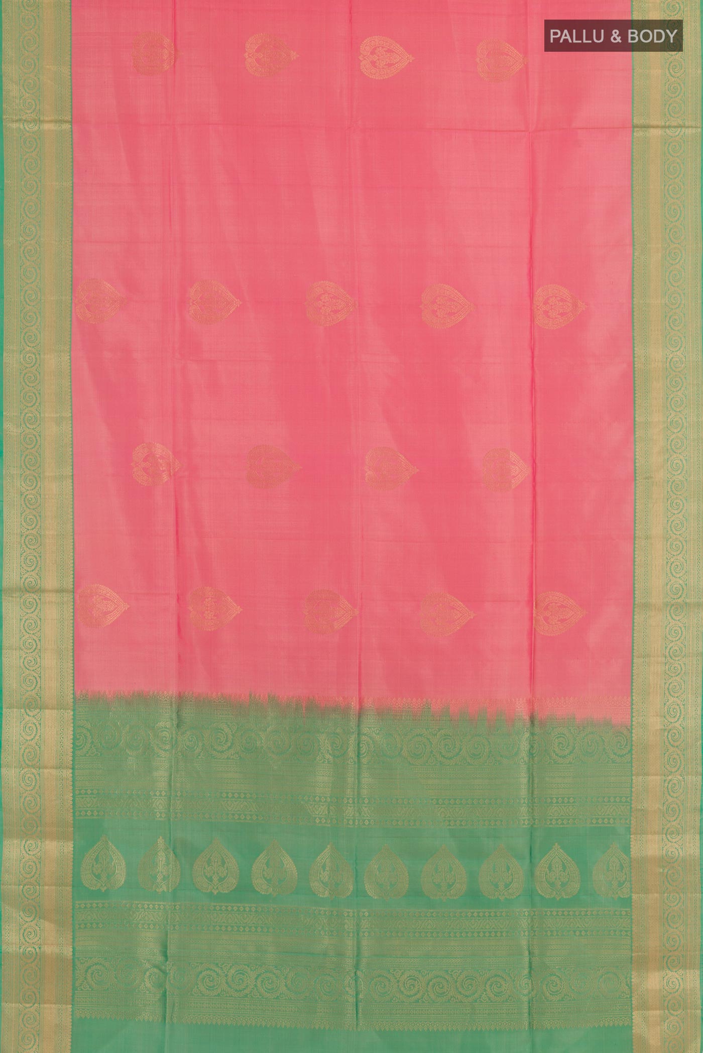 Flat view of Pink Soft Silk Saree with Zari Butta on the body and Zari Border. 