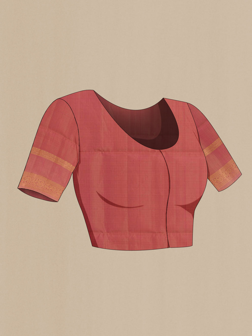 Close up image of the blouse of Pink Soft Silk Saree with Zari Butta on the body and Zari Border. 