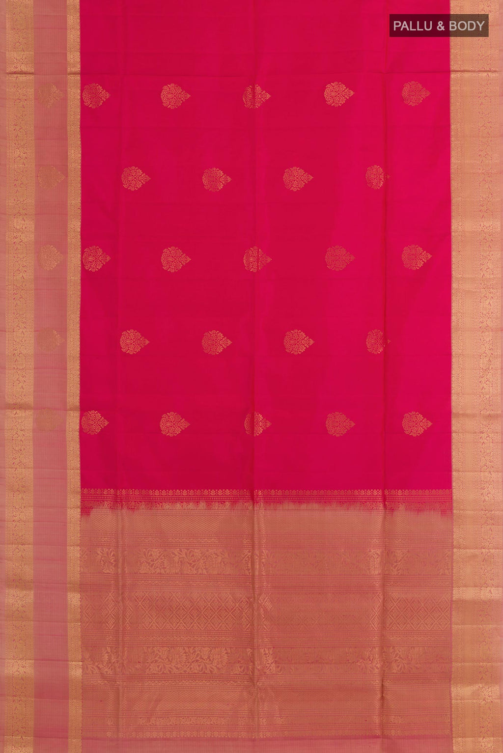 Flat view of Pink Soft Silk Saree with Zari Butta on the body and Zari Border. 