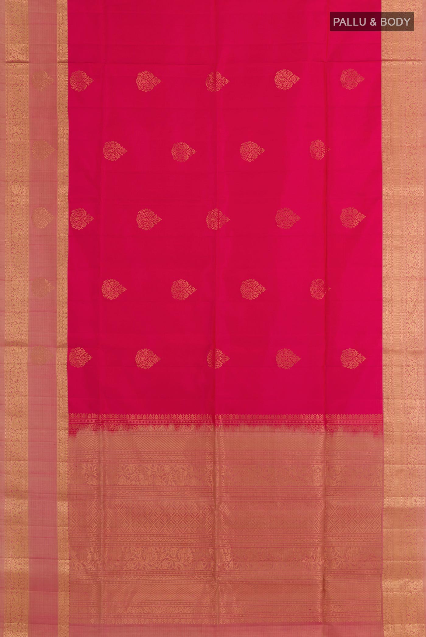 Flat view of Pink Soft Silk Saree with Zari Butta on the body and Zari Border. 
