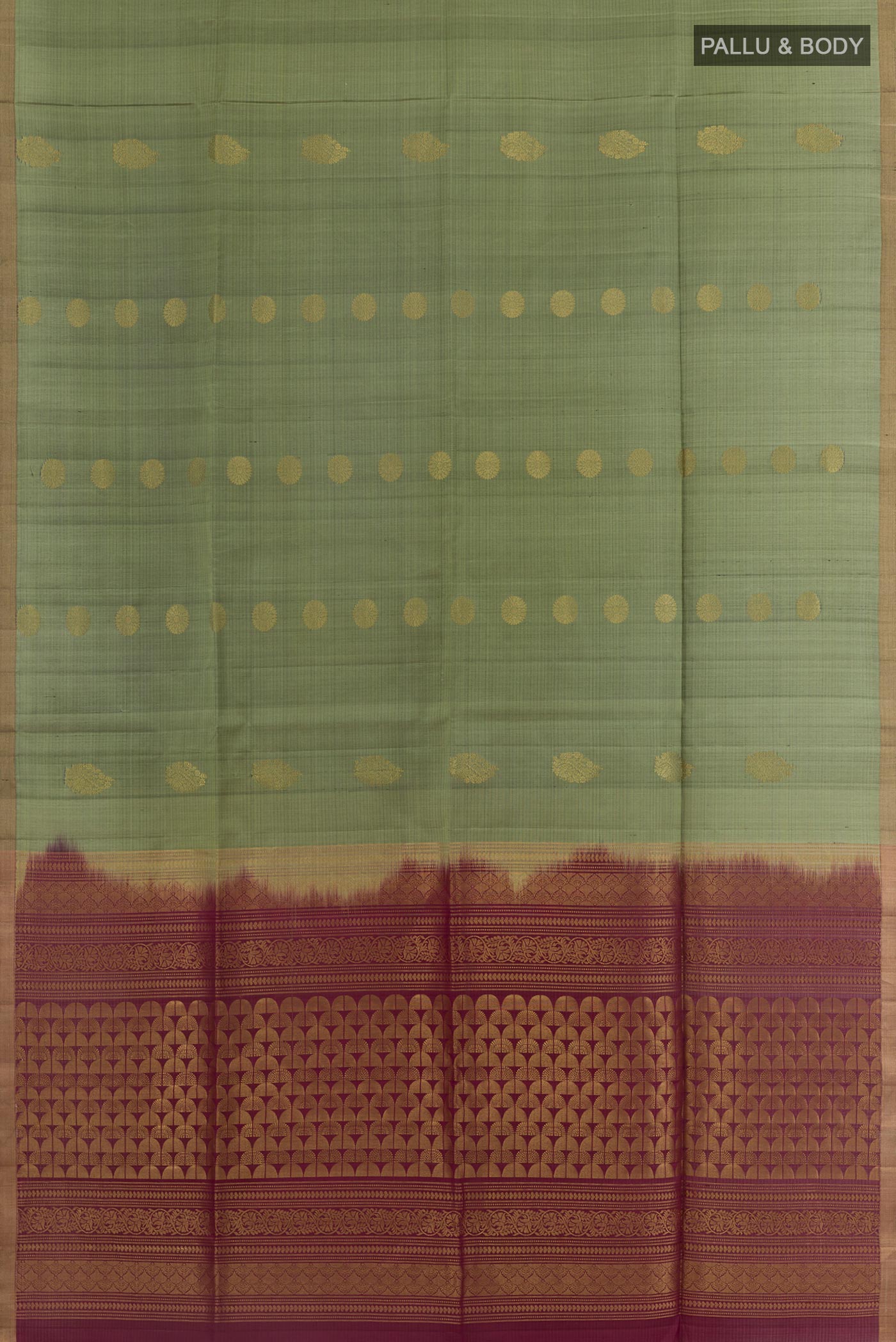 Flat view of Mehandi Green Soft Silk Saree with Zari Butta on the body and Zari Border. 