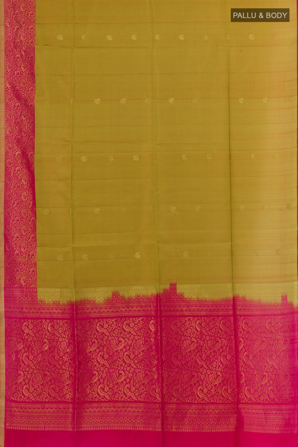 Flat view of Yellow Soft Silk Saree with Zari Butta on the body and Zari Border. 