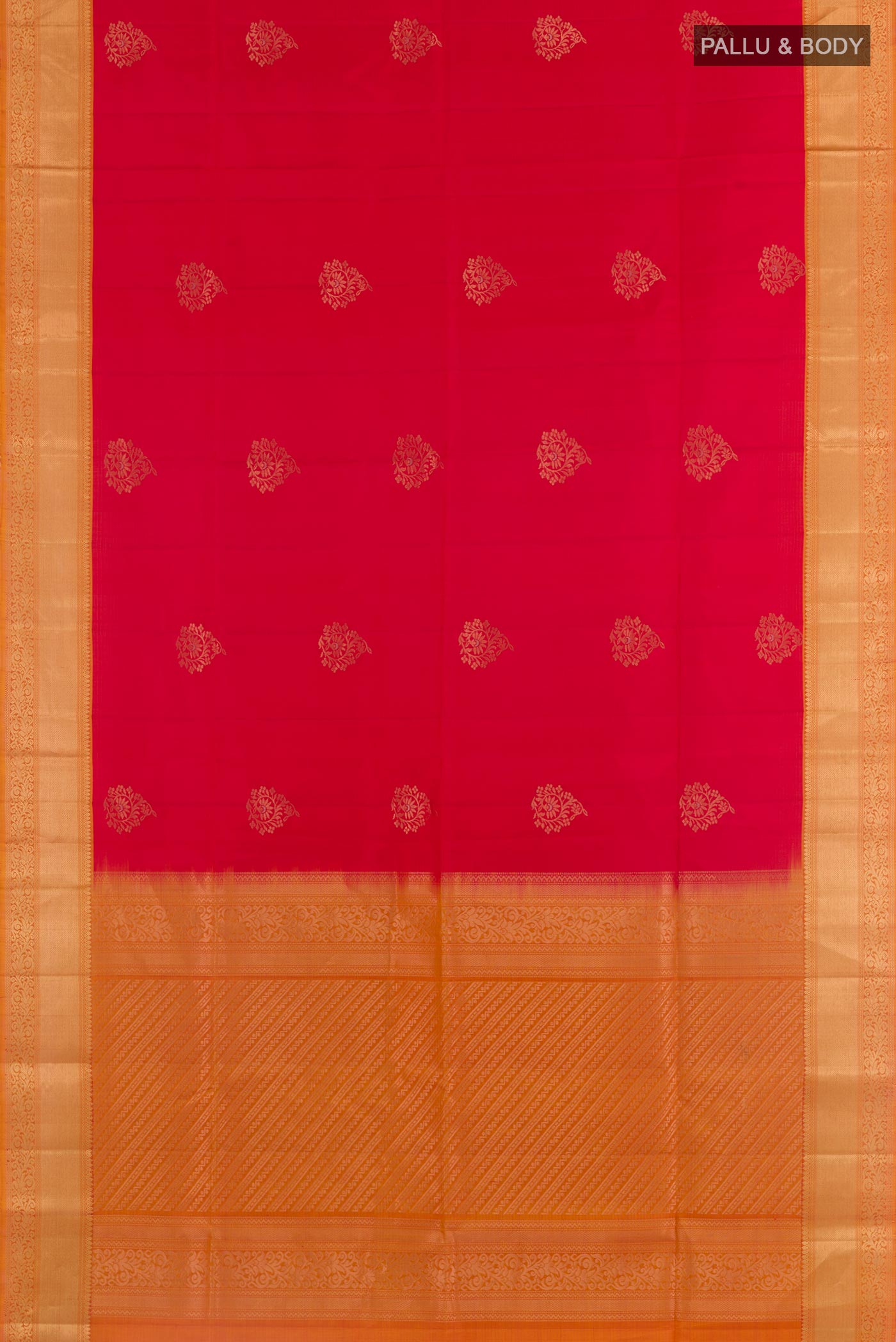 Flat view of Red Soft Silk Saree with Zari Butta on the body and Zari Border. 