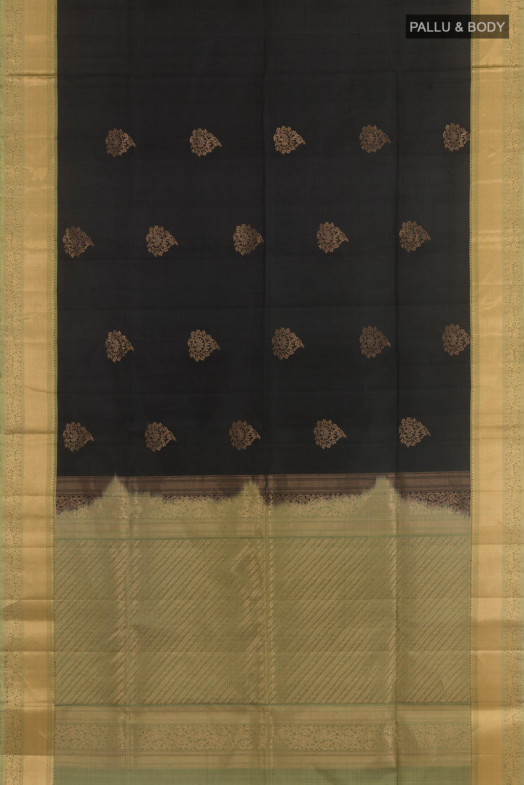 Flat view of Black Soft Silk Saree with Zari Butta on the body and Zari Border. 