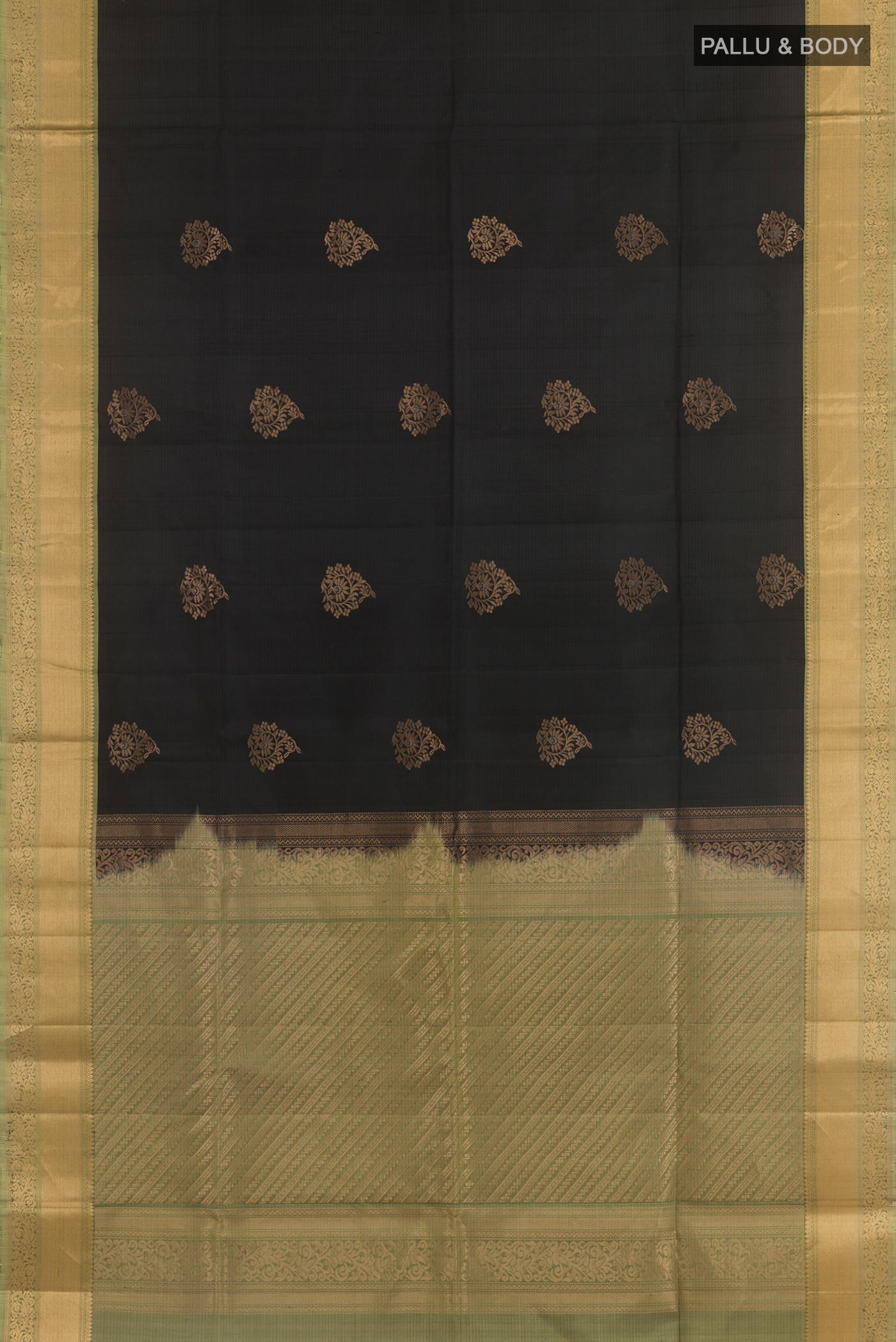 Flat view of Black Soft Silk Saree with Zari Butta on the body and Zari Border. 