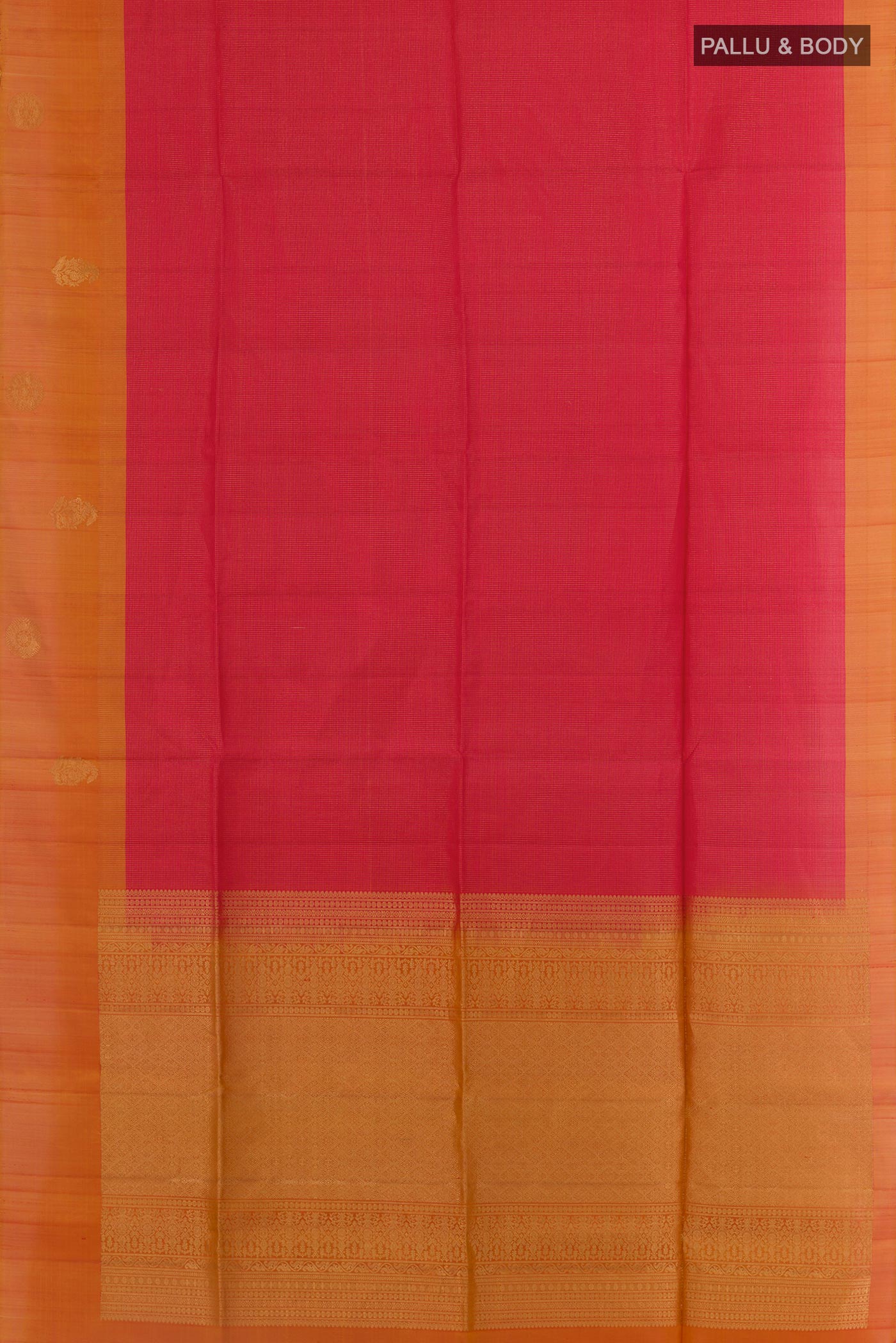 Flat view of Red Soft Silk Saree with Checked design on the body and Zari Border. 