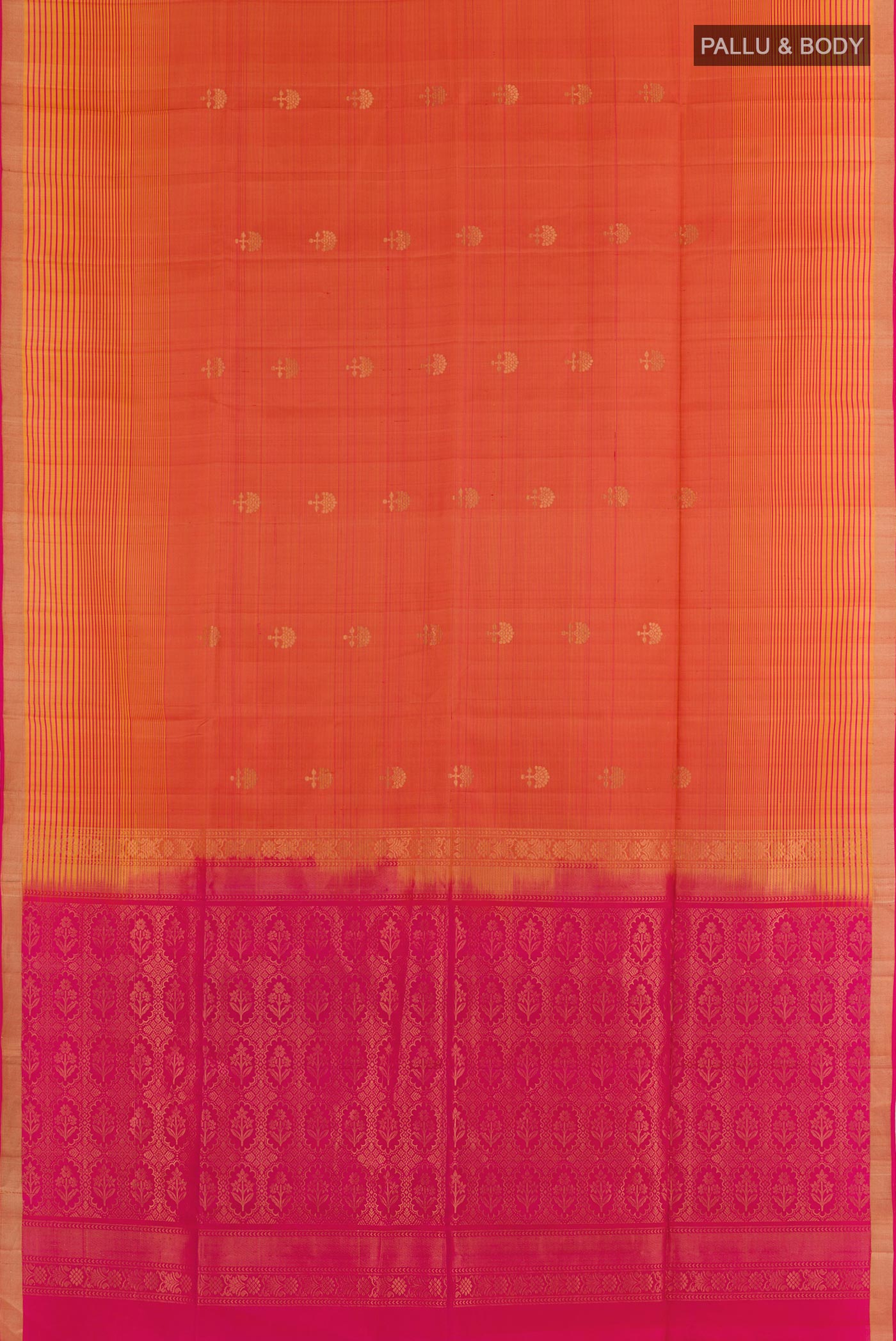 Flat view of Brick Orange Soft Silk Saree with Zari Butta on the body and Zari Border. 