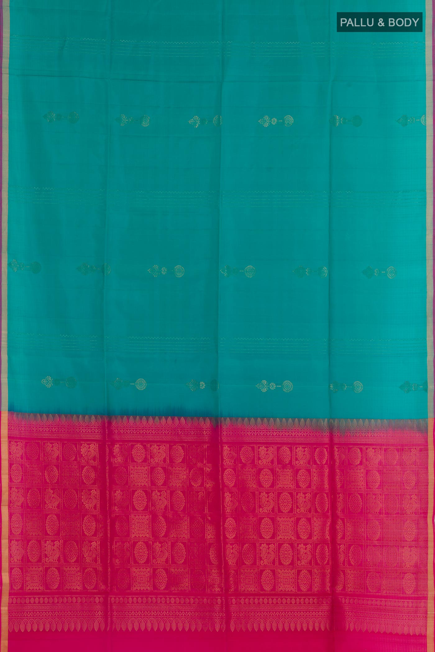 Flat view of Sea Green Soft Silk Saree with Zari Butta on the body and Zari Border. 