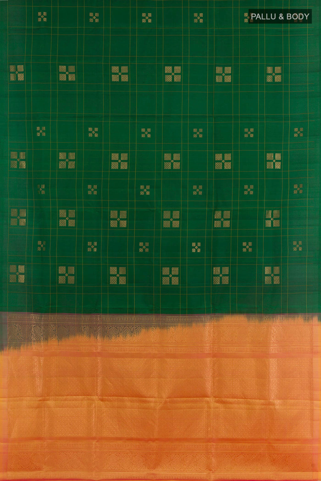 Flat view of Green Soft Silk Saree with Zari Butta on the body and Zari Border. 