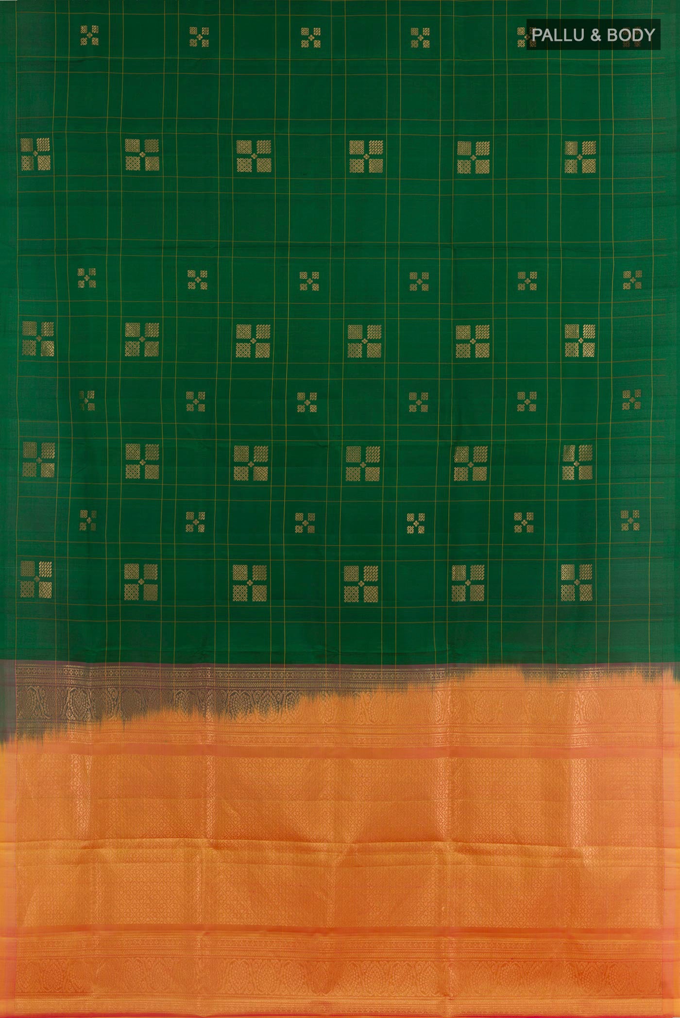 Flat view of Green Soft Silk Saree with Zari Butta on the body and Zari Border. 