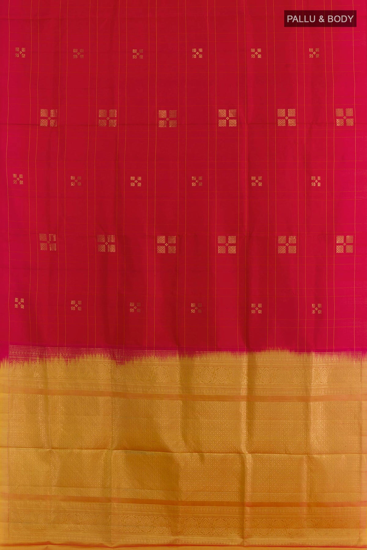 Flat view of Red Soft Silk Saree with Zari Butta on the body and Zari Border. 
