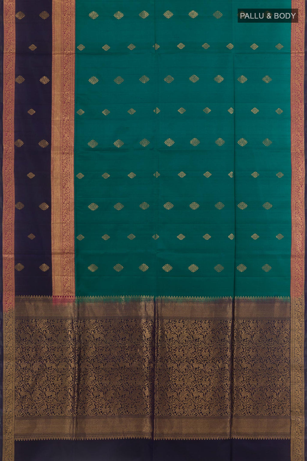 Flat view of Green Soft Silk Saree with Zari Butta on the body and Zari Border. 