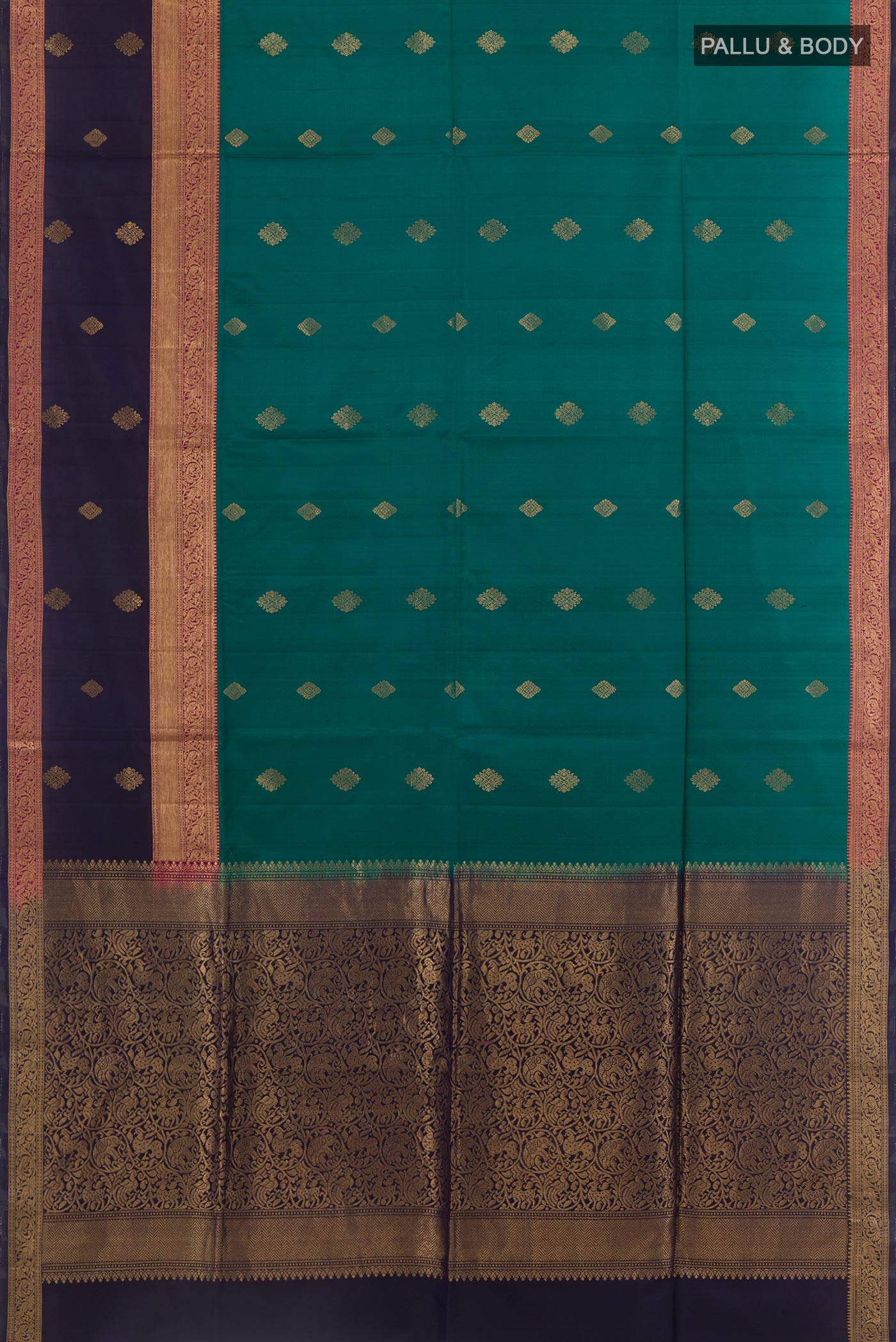 Flat view of Green Soft Silk Saree with Zari Butta on the body and Zari Border. 