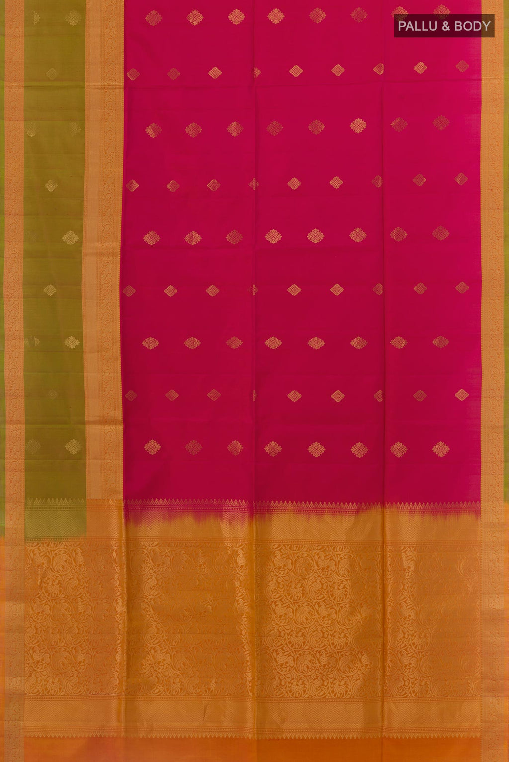 Flat view of Pink Soft Silk Saree with Zari Butta on the body and Zari Border. 