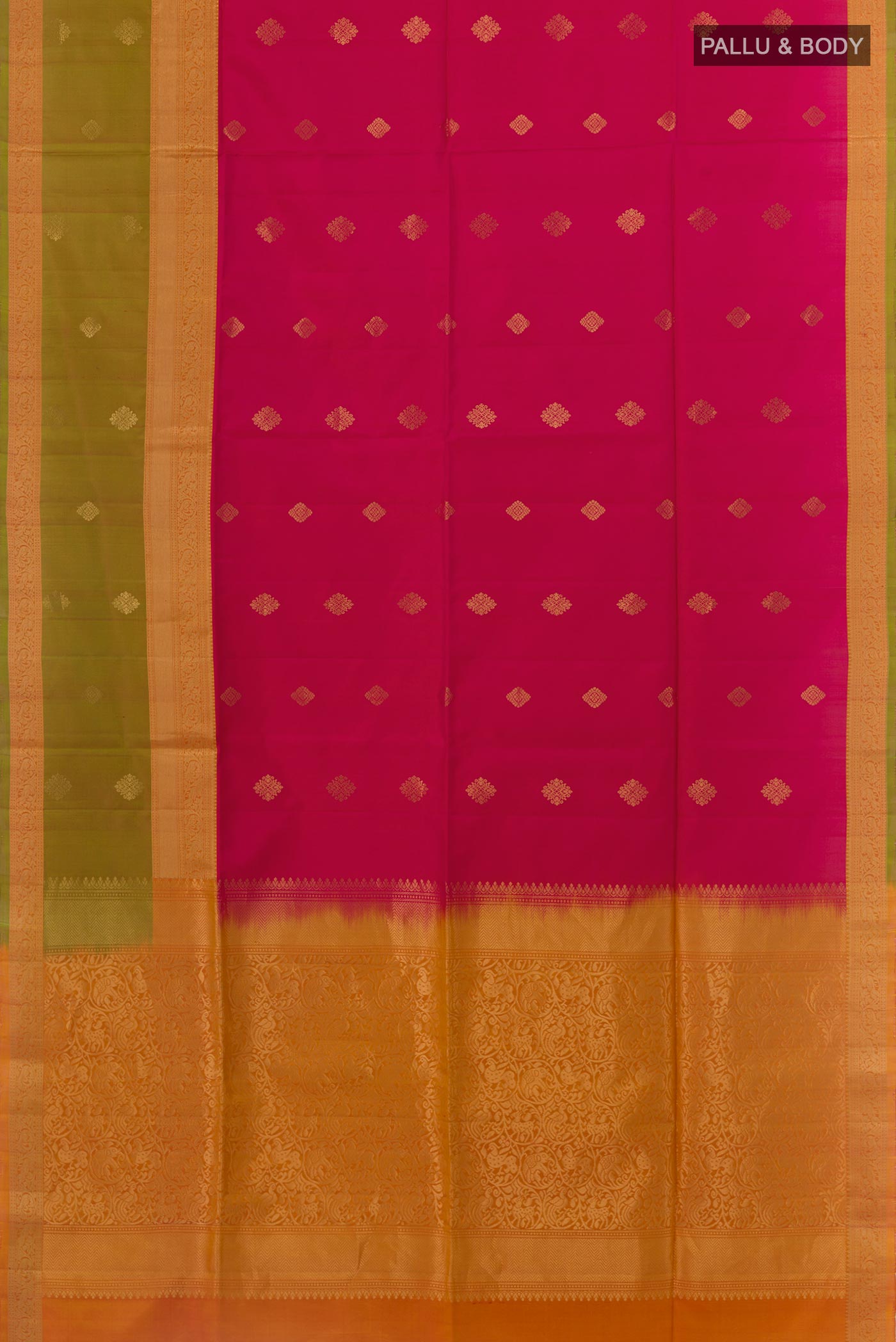 Flat view of Pink Soft Silk Saree with Zari Butta on the body and Zari Border. 