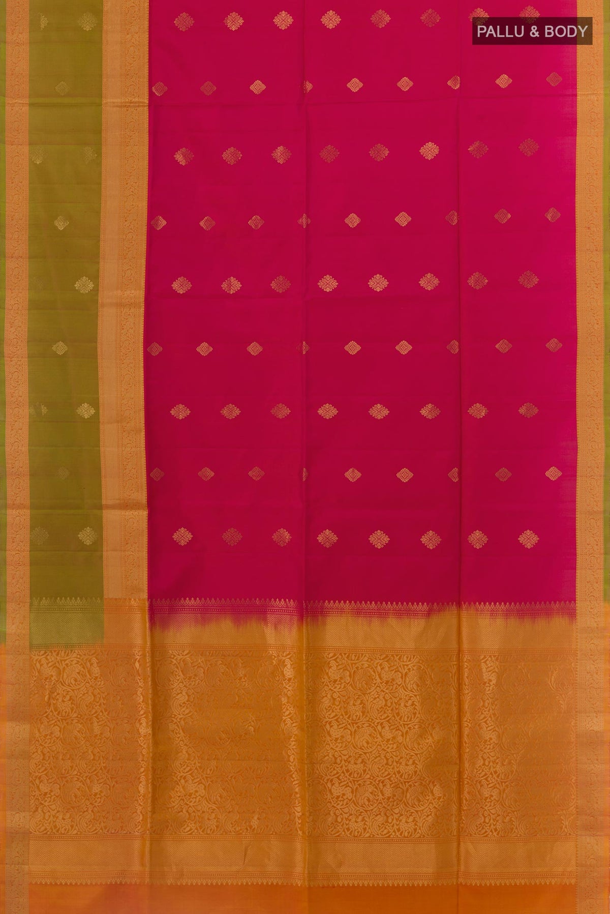 Flat view of Pink Soft Silk Saree with Zari Butta on the body and Zari Border. 