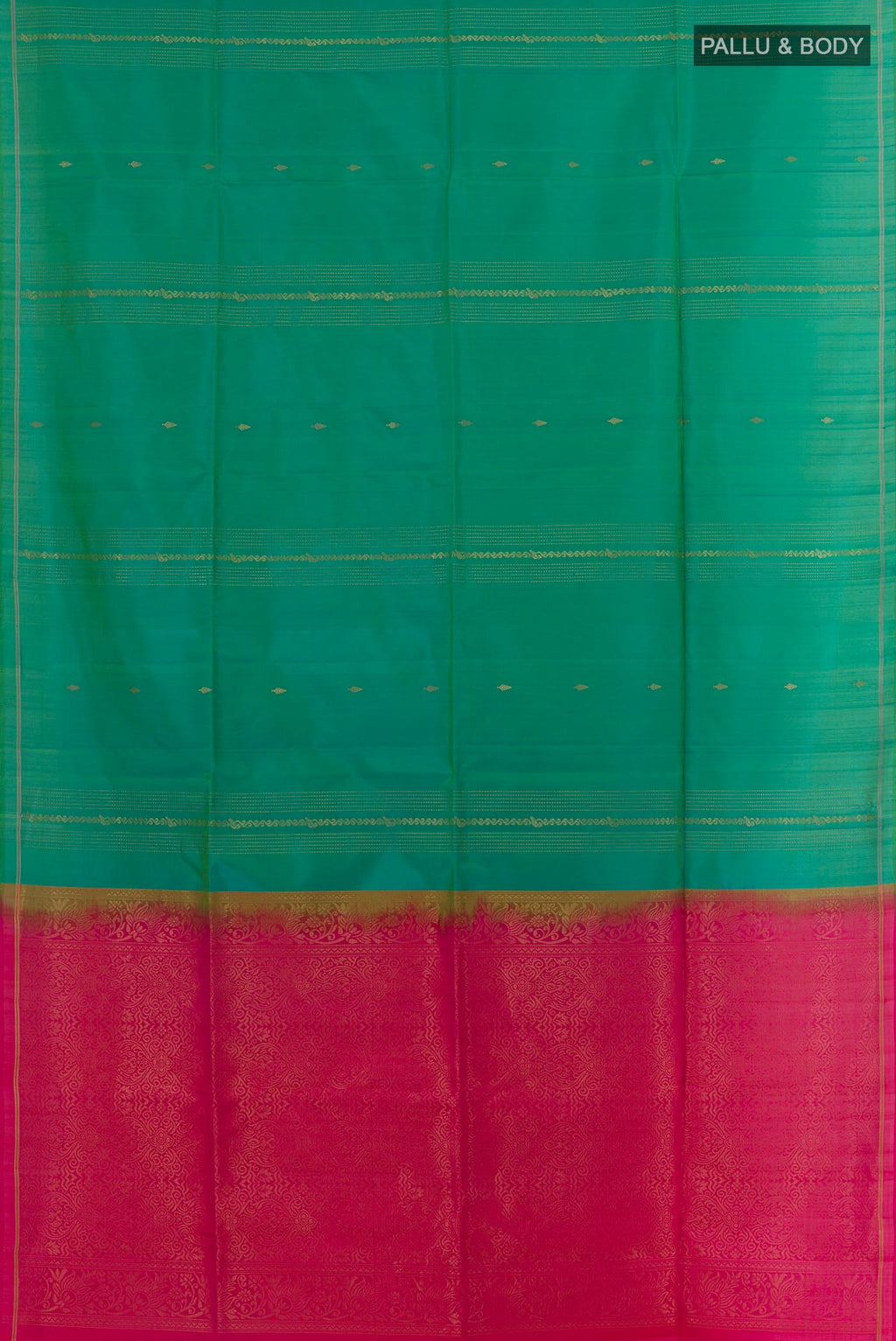 Flat view of Green Soft Silk Saree with Stripes on the body and Zari Border. 