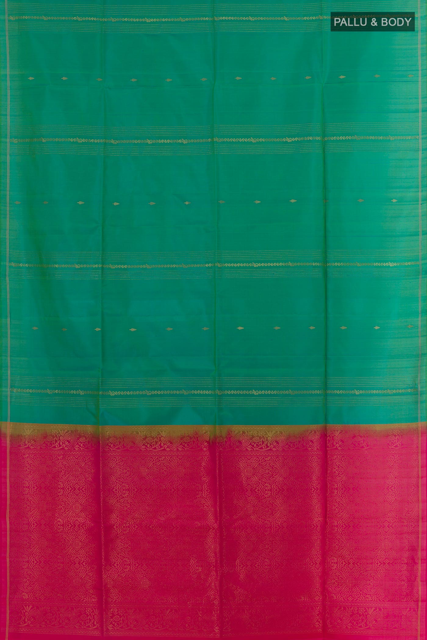 Flat view of Green Soft Silk Saree with Stripes on the body and Zari Border. 