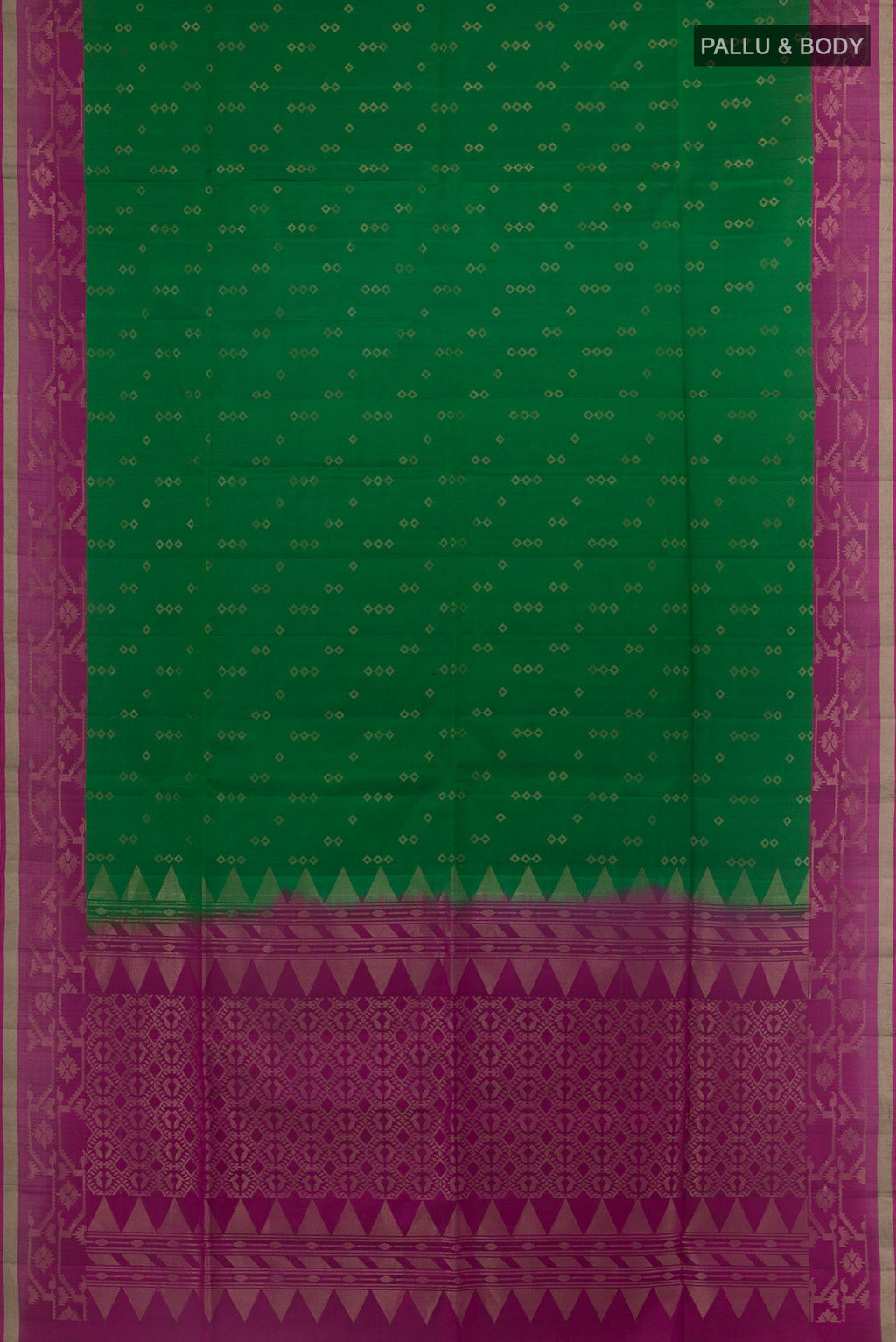 Flat view of Green Soft Silk Saree with Zari Butta on the body and Zari Border. 