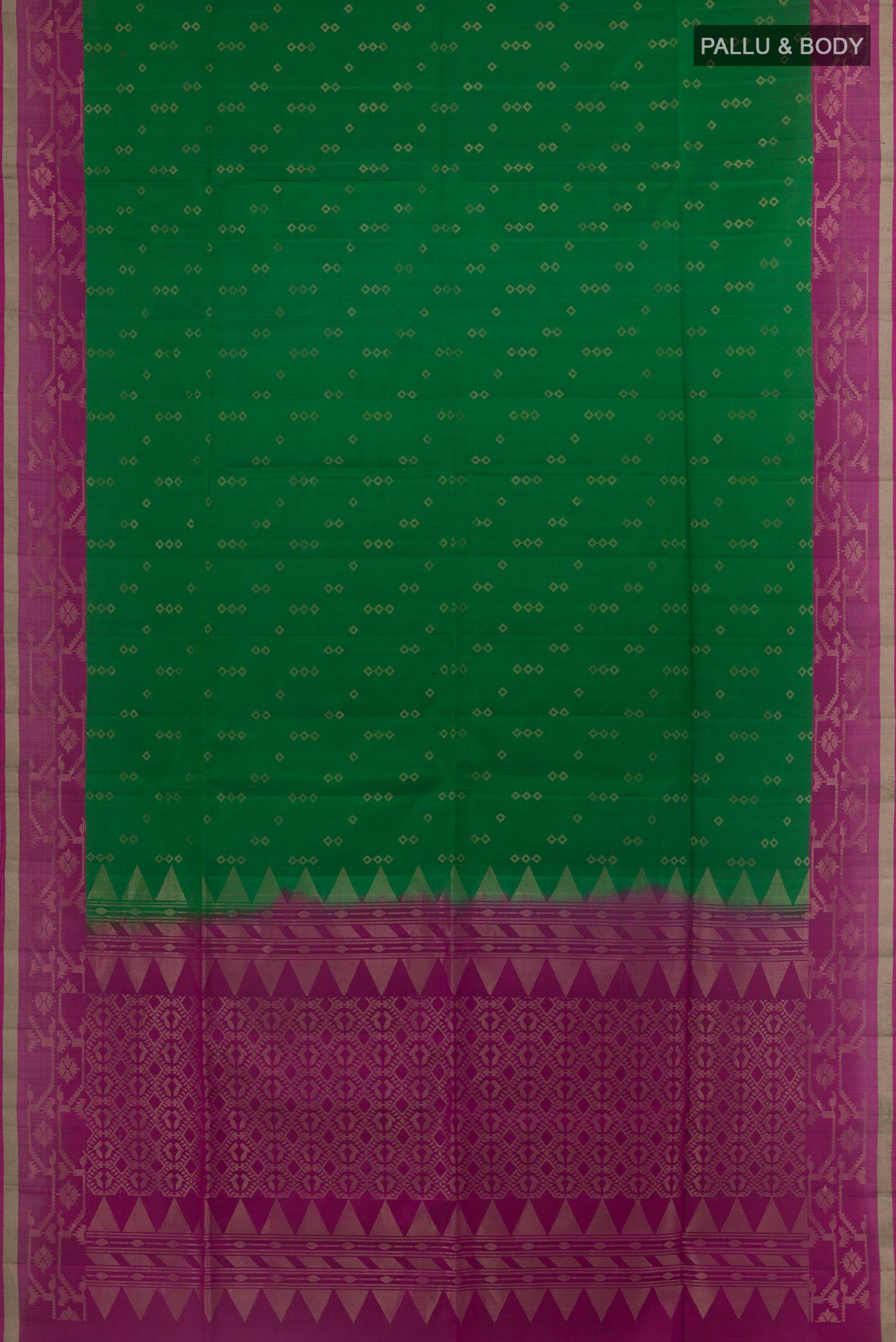 Flat view of Green Soft Silk Saree with Zari Butta on the body and Zari Border. 