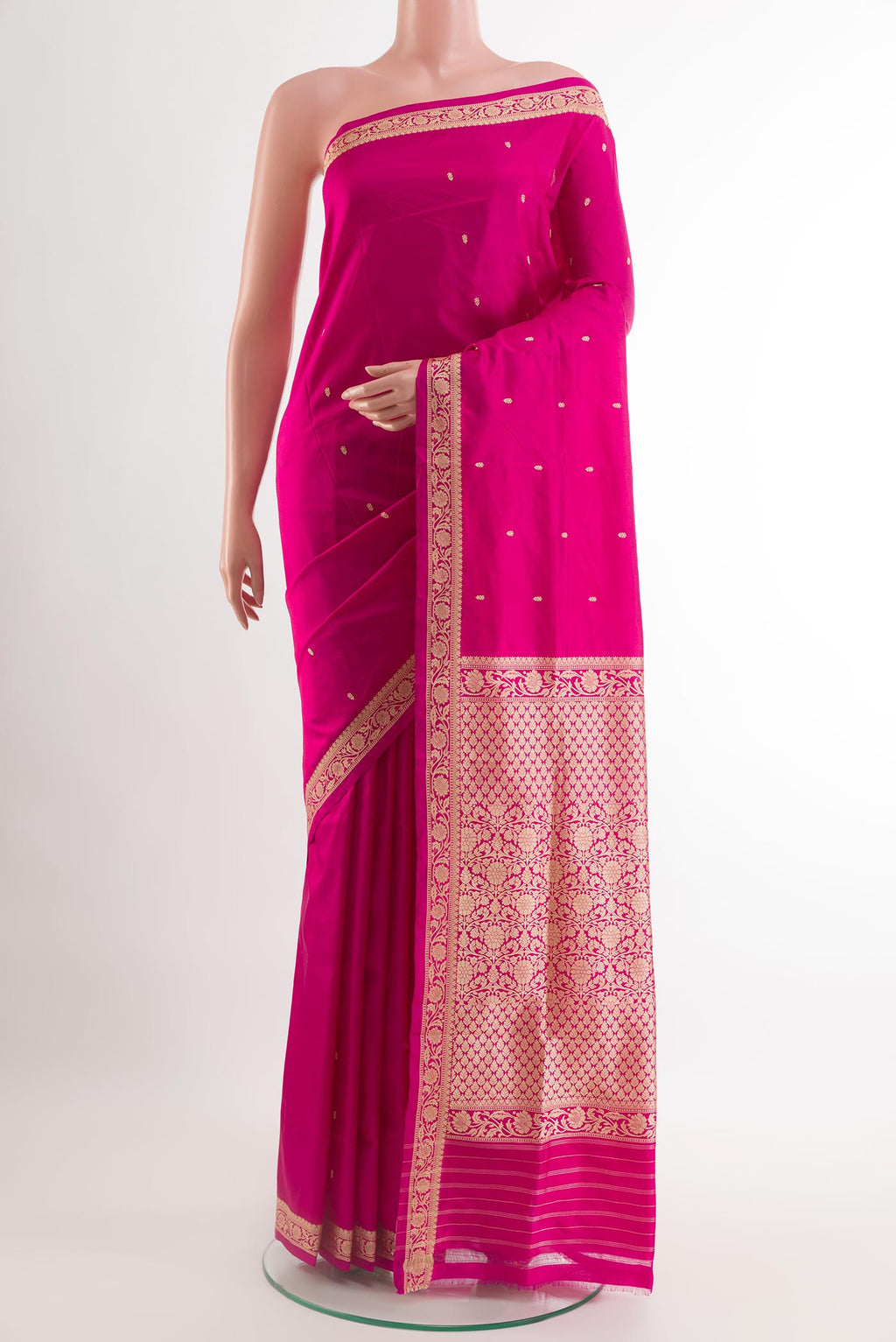 Pink Banarasi Katan Silk Saree with Zari Butta on the body and Zari Border.  displayed on a mannequin