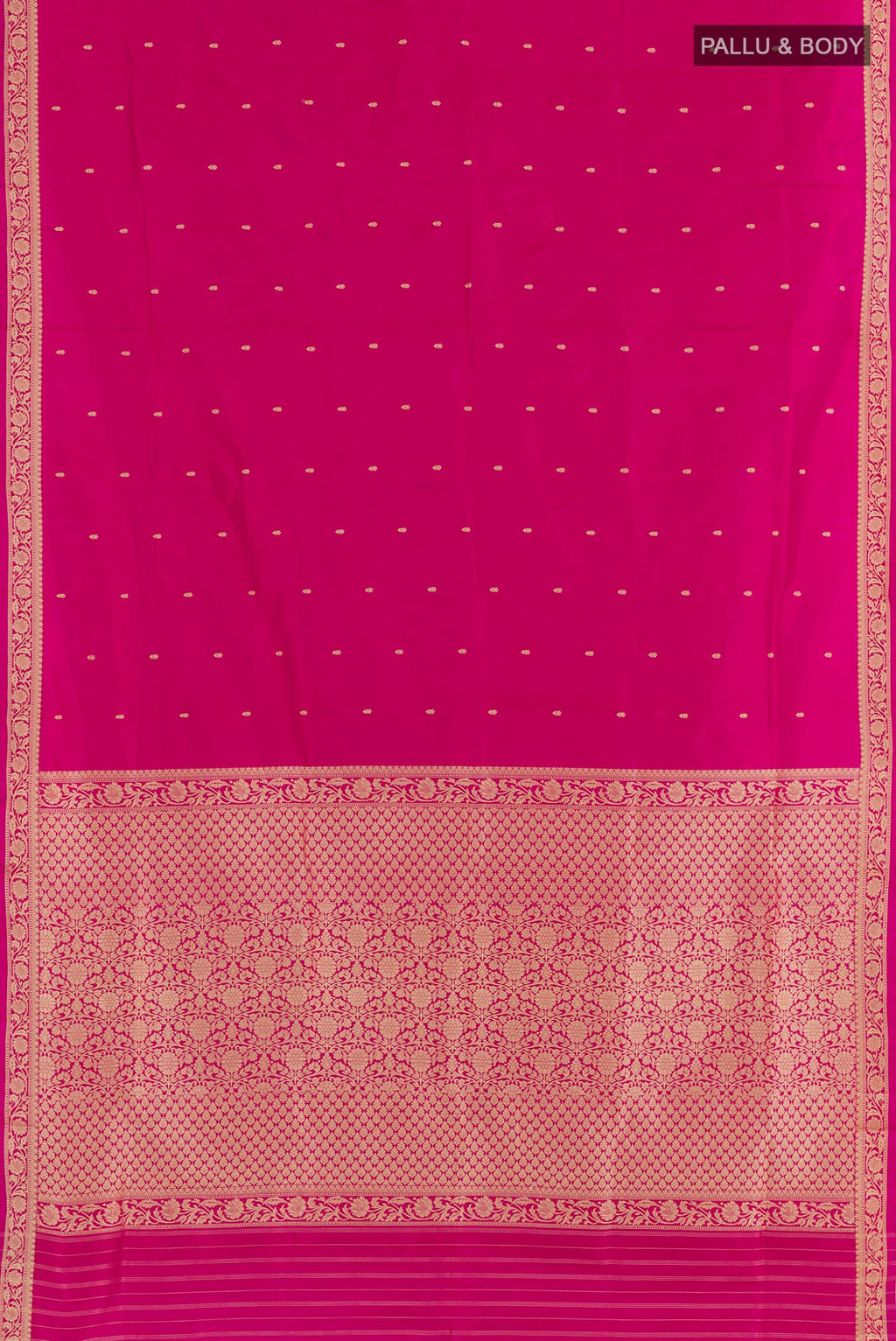 Flat view of Pink Banarasi Katan Silk Saree with Zari Butta on the body and Zari Border. 