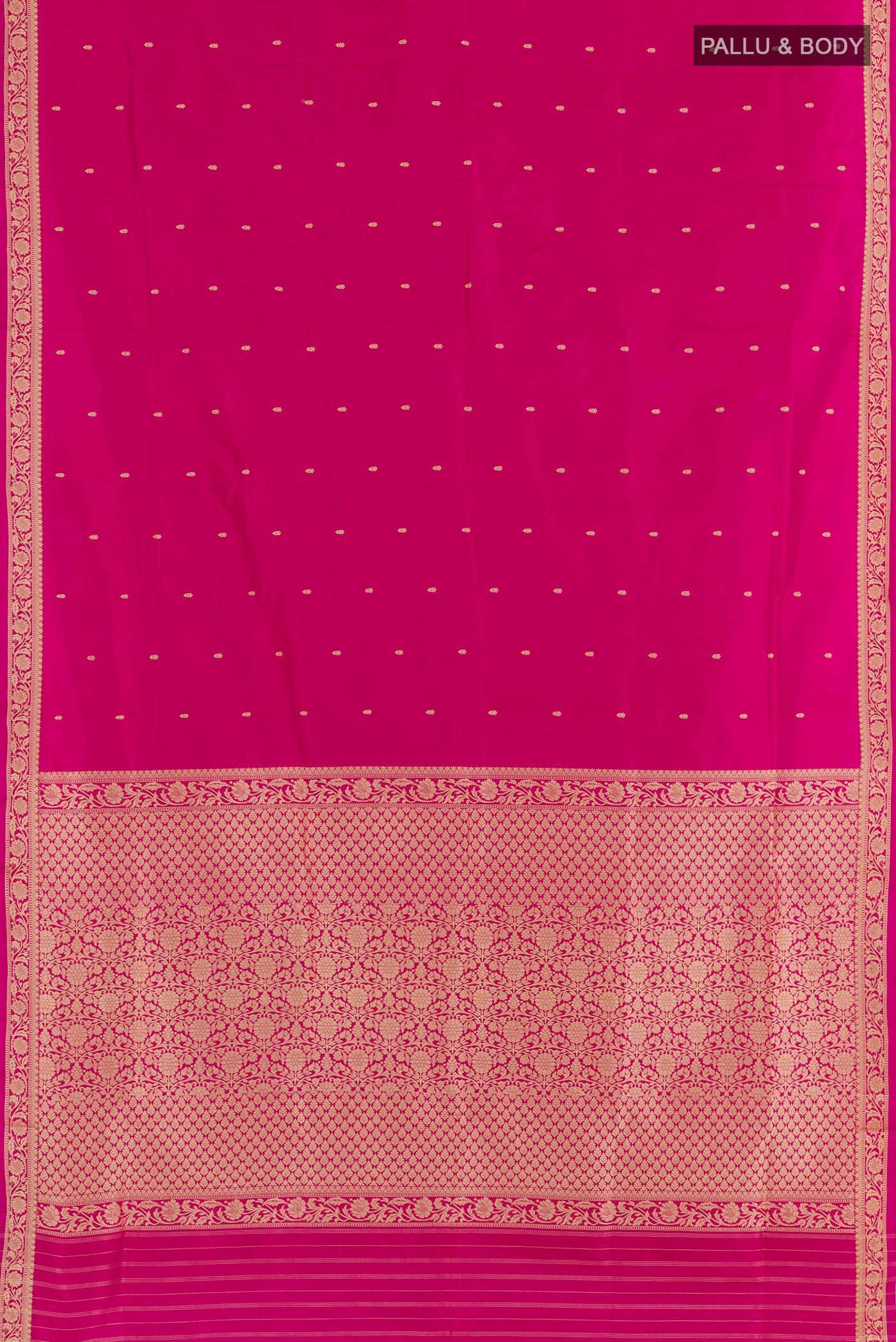 Flat view of Pink Banarasi Katan Silk Saree with Zari Butta on the body and Zari Border. 