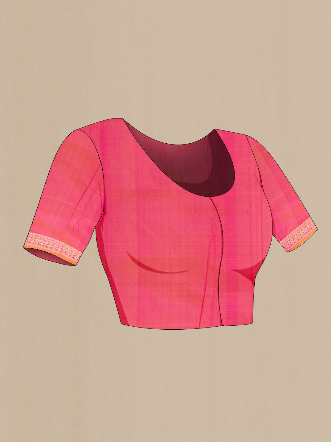 Close up image of the blouse of Pink Banarasi Katan Silk Saree with Zari Butta on the body and Zari Border. 