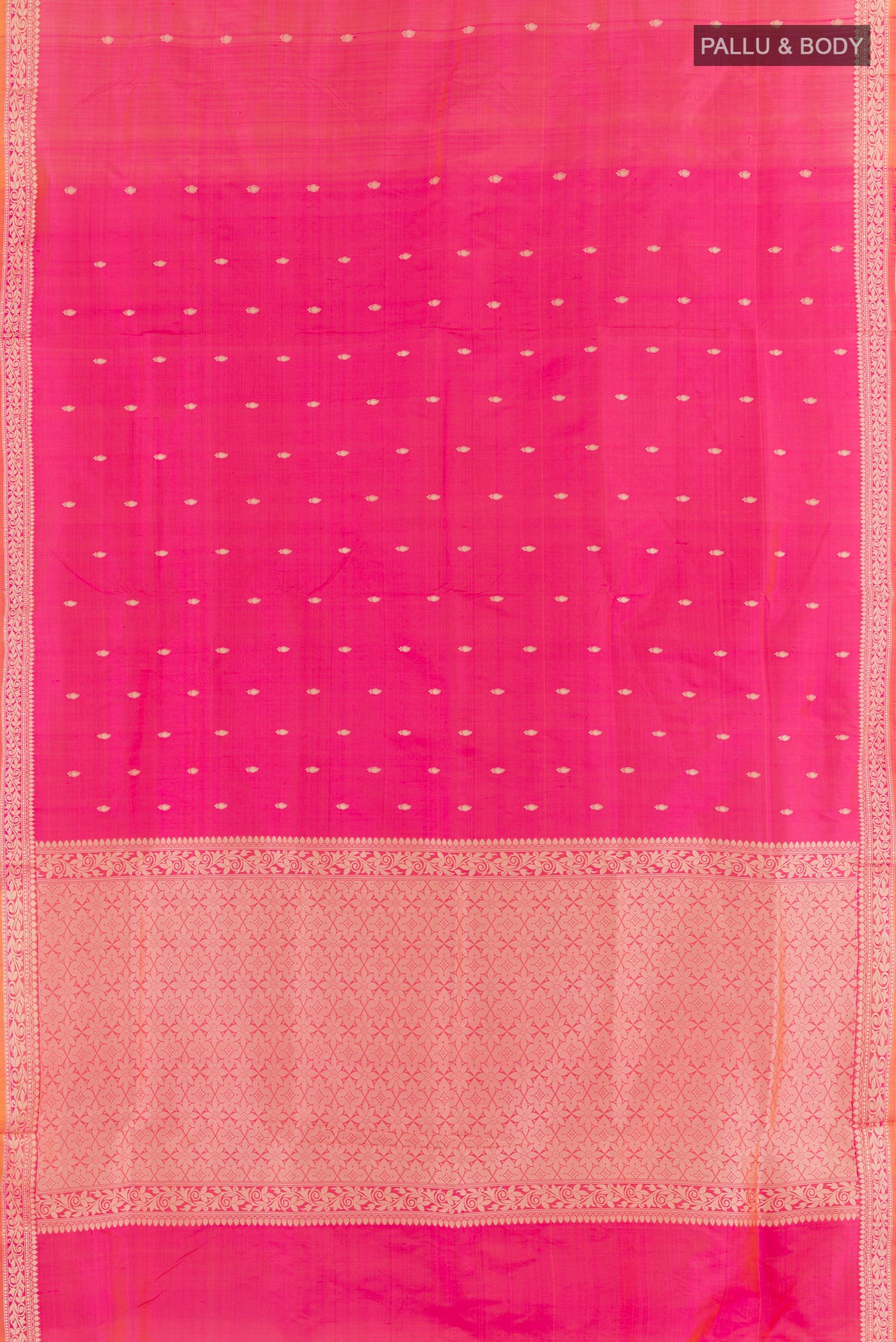 Flat view of Pink Banarasi Katan Silk Saree with Zari Butta on the body and Zari Border. 