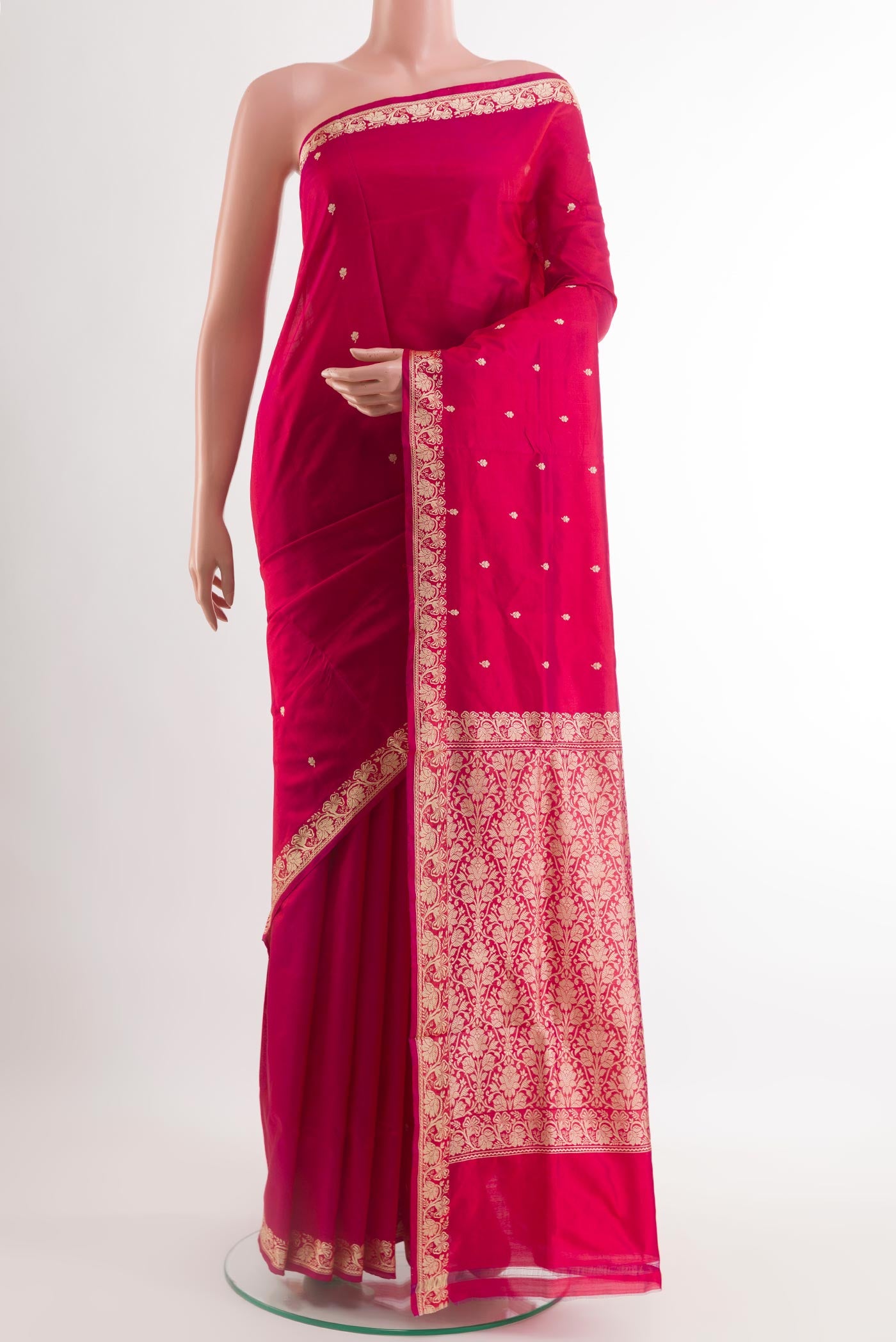 Red Banarasi Katan Silk Saree with Zari Butta on the body and Zari Border.  displayed on a mannequin