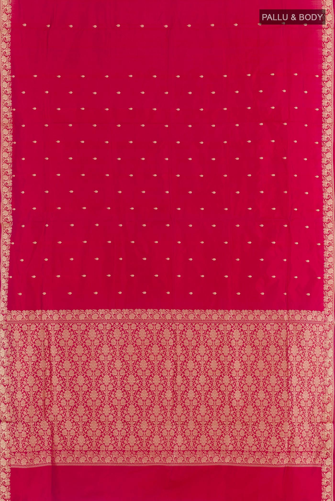 Flat view of Red Banarasi Katan Silk Saree with Zari Butta on the body and Zari Border. 